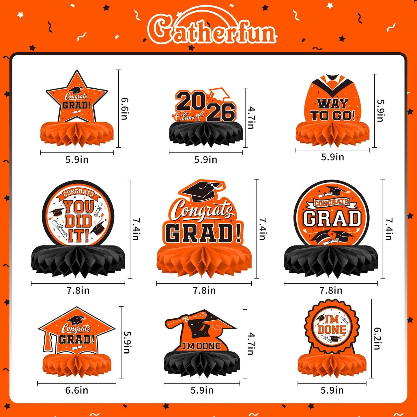 9PCS Graduation Party Decorations Class of 2026 Congrats Grad Table Centerpiece Congratulate Graduation Honeycomb Table Toppers for Graduation Party Supplies(Orange,Black）
