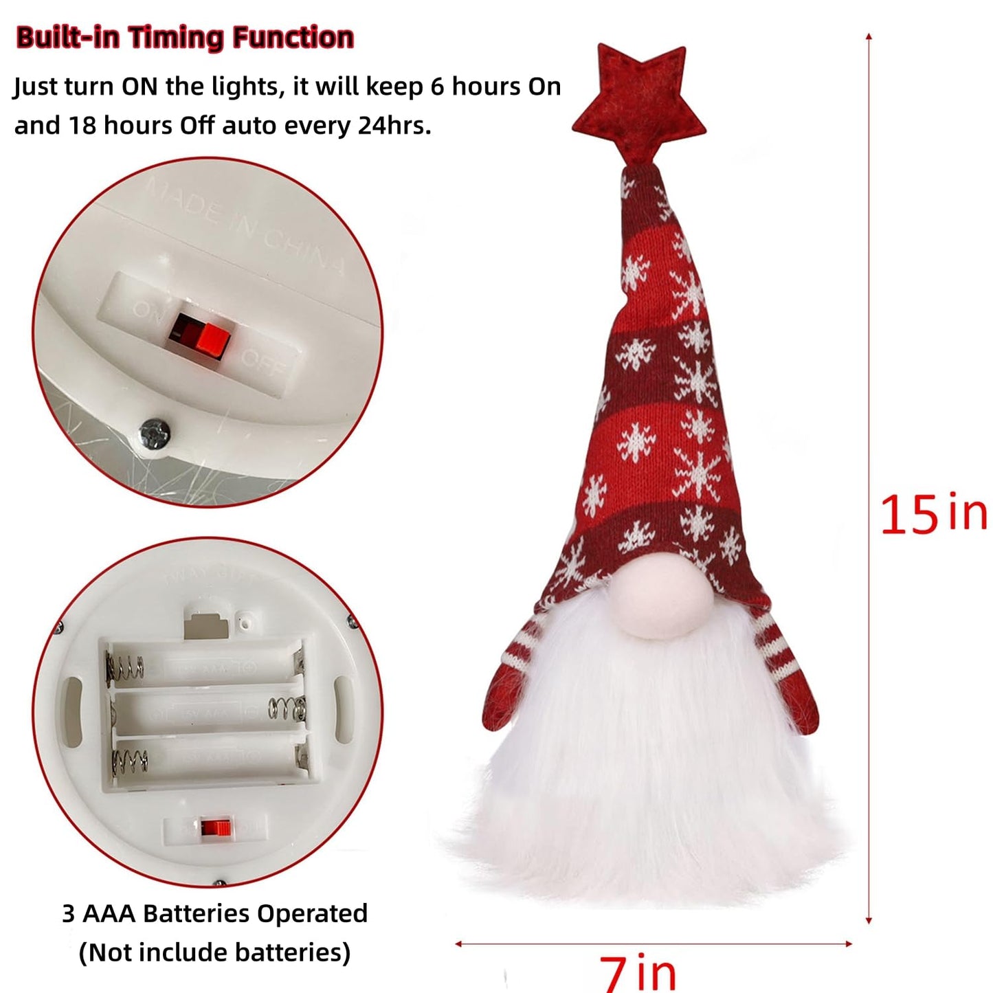 15" Lighted Christmas Gnome, Handmade Plush Scandinavian Swedish Tomte, Light Up Elf Toy Holiday Present, Battery Operated Winter Tabletop Christmas Decorations, 2 Set