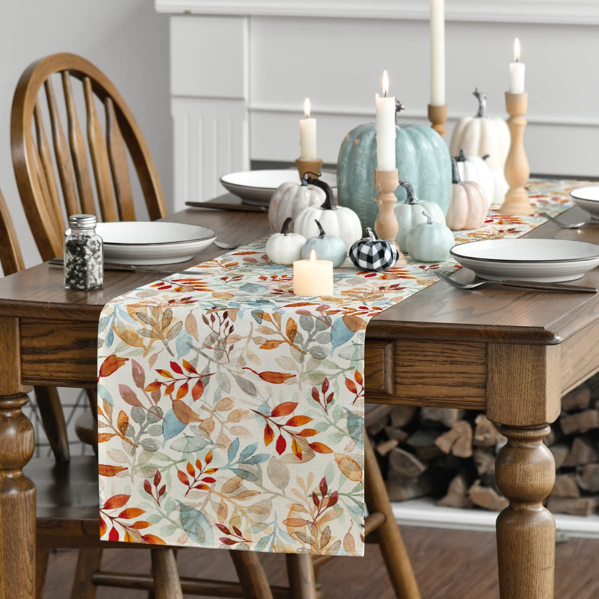 Beige Eucalyptus Leaves Fall Table Runner, Seasonal Autumn Kitchen Dining Table Decoration for Outdoor Home Party 13x108 Inch