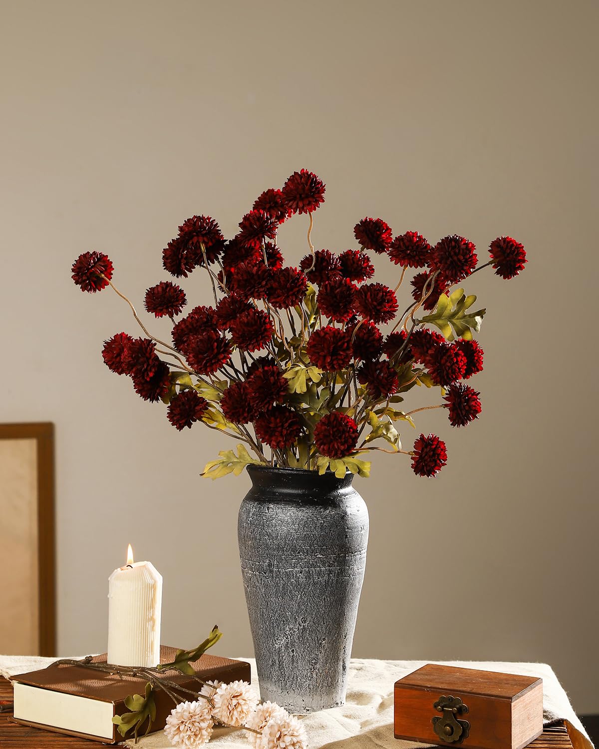 DuHouse 9pcs Artificial Flowers Faux Silk Pompon Mum,Silk Small Mini Chrysanthemum Ball with Stems for DIY Wedding Bouquets Centerpieces Vase Home Table Kitchen Decorations(Burgundy)