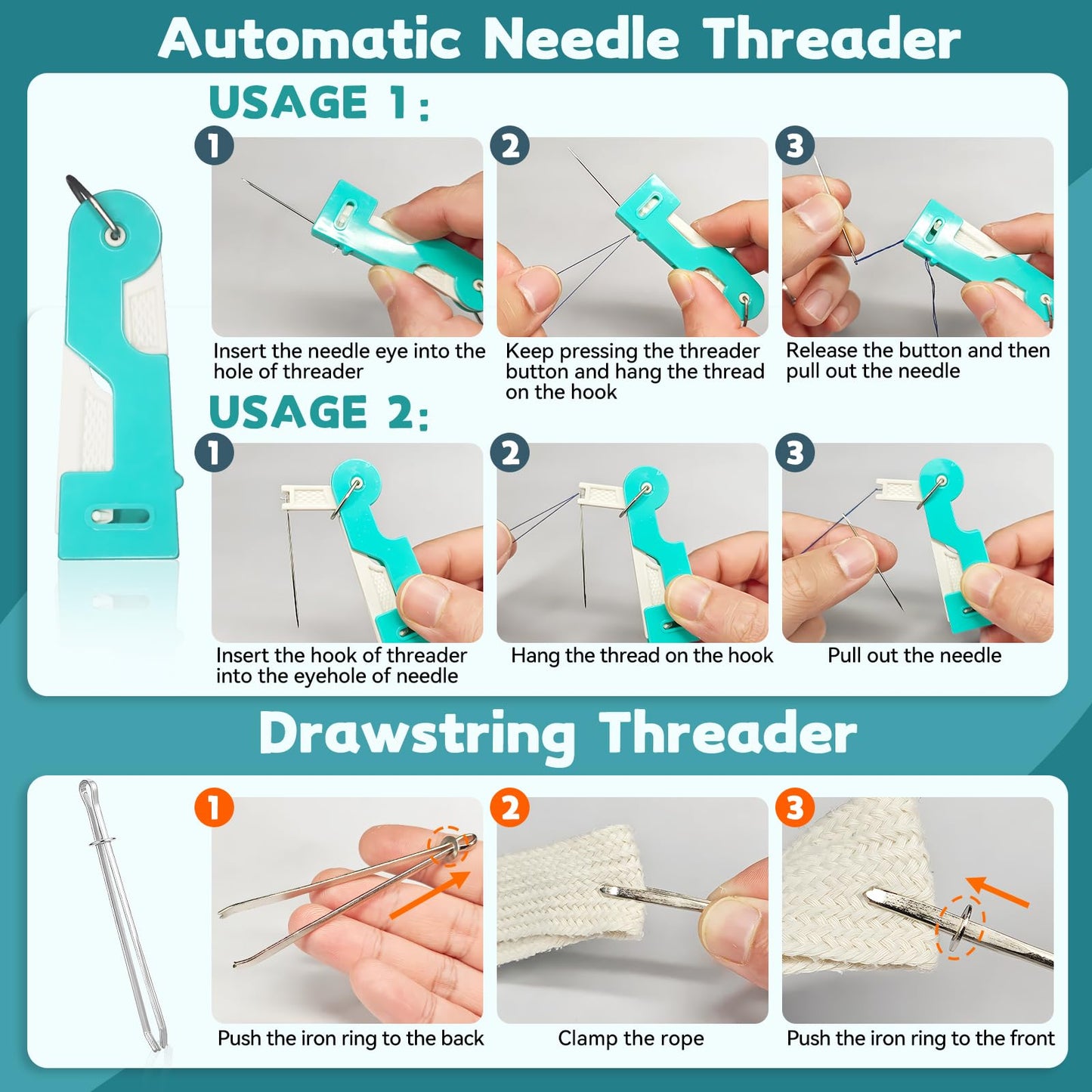 33 Pcs Sewing Tool Kit - with Automatic Needle Threader/Fish Mouth Easy Threader/Gourd and Thumb Shaped Simple Threader/Seam Rippers/Thread Snips/Drawstring Threaders/Awl/Thimbles/Needles