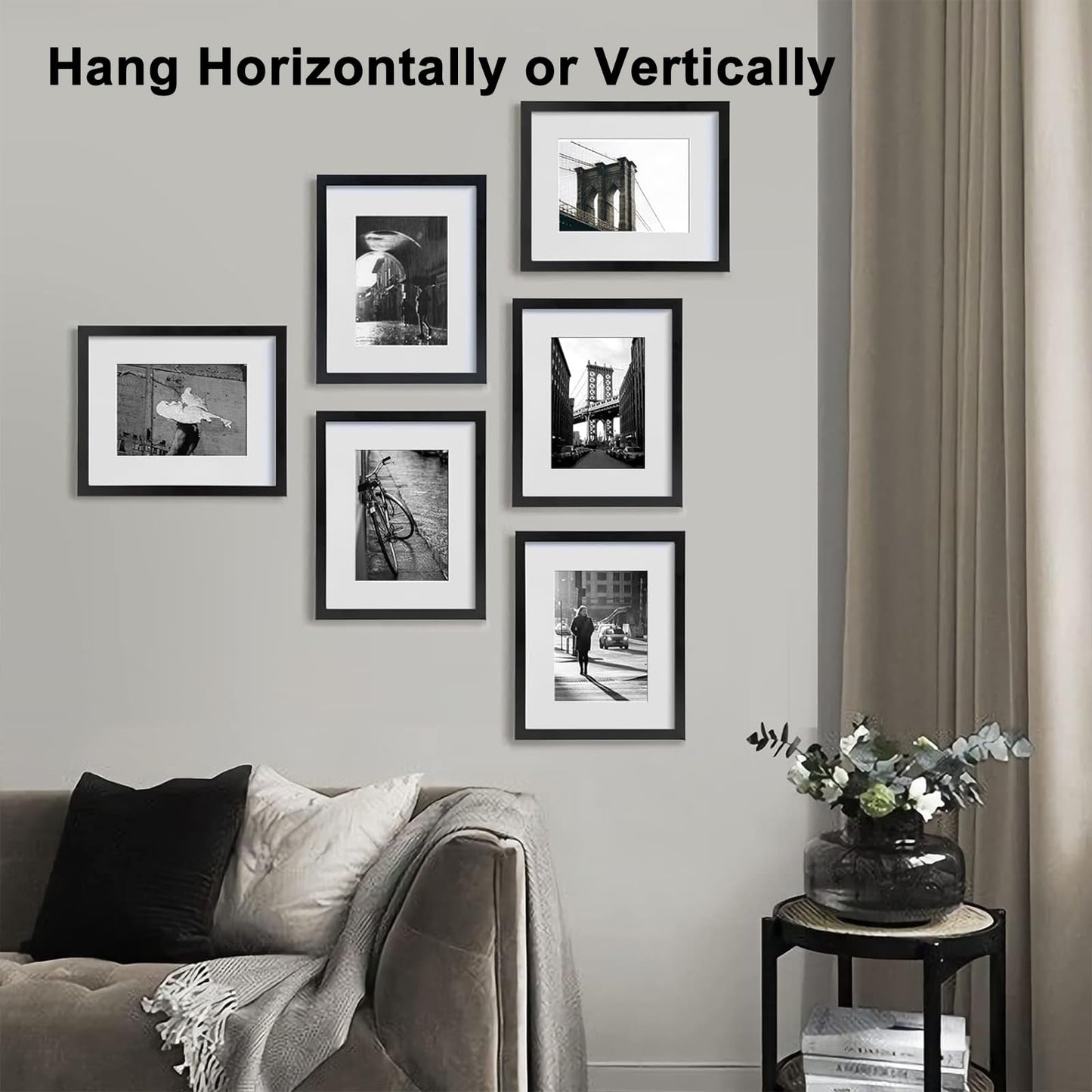 8x10 Picture Frame Set of 6, Display Pictures 5x7 with Mat or 8x10 Without Mat for Tabletop Display and Wall Mounting, Black