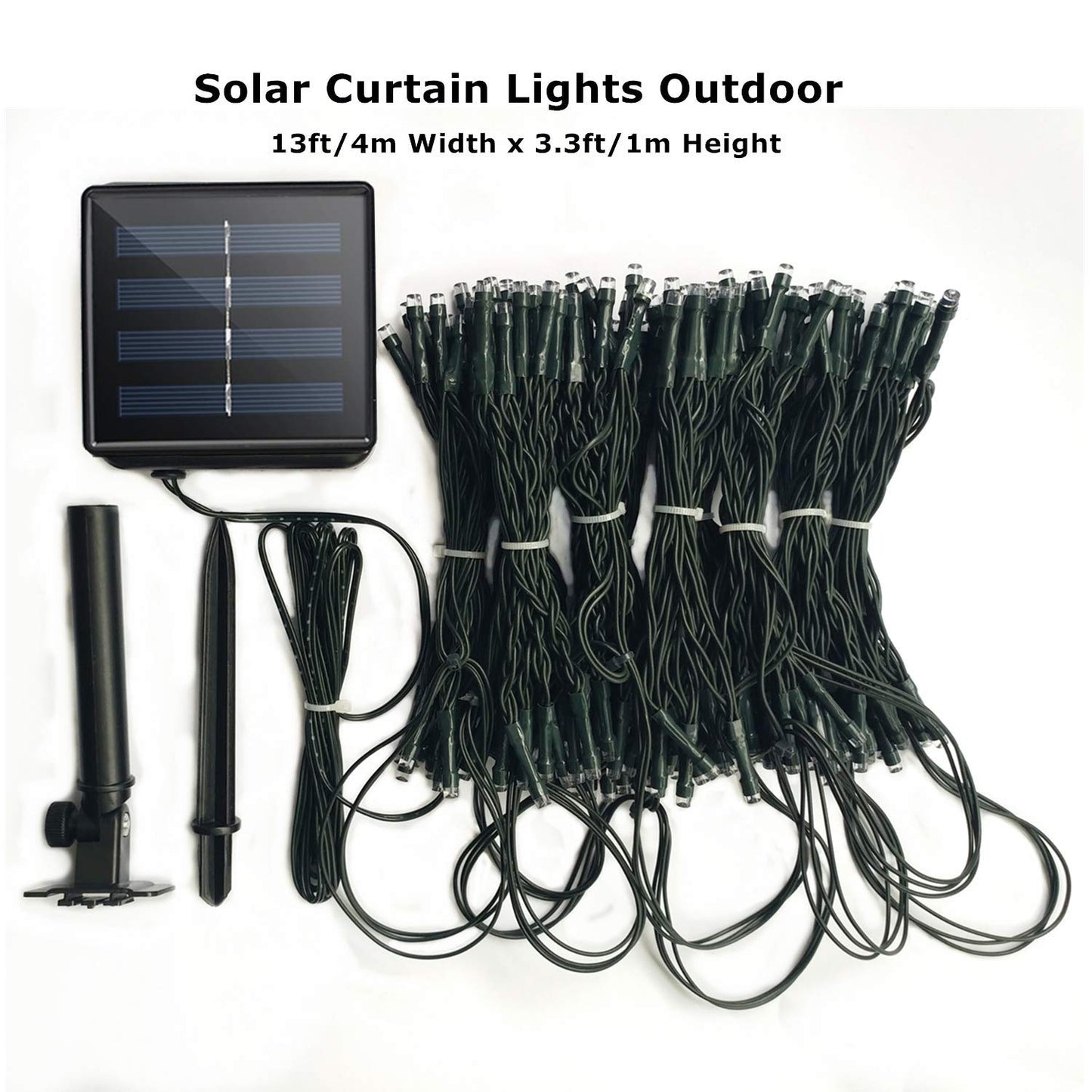 DBFAIRY Solar Curtain Lights,13ft x 3.3ft 200 LED Outdoor Solar Curtain Lights Waterproof Green Wire with 8 Mode for Garden Handrail Railing Eaves Wall Decoration -Warm White