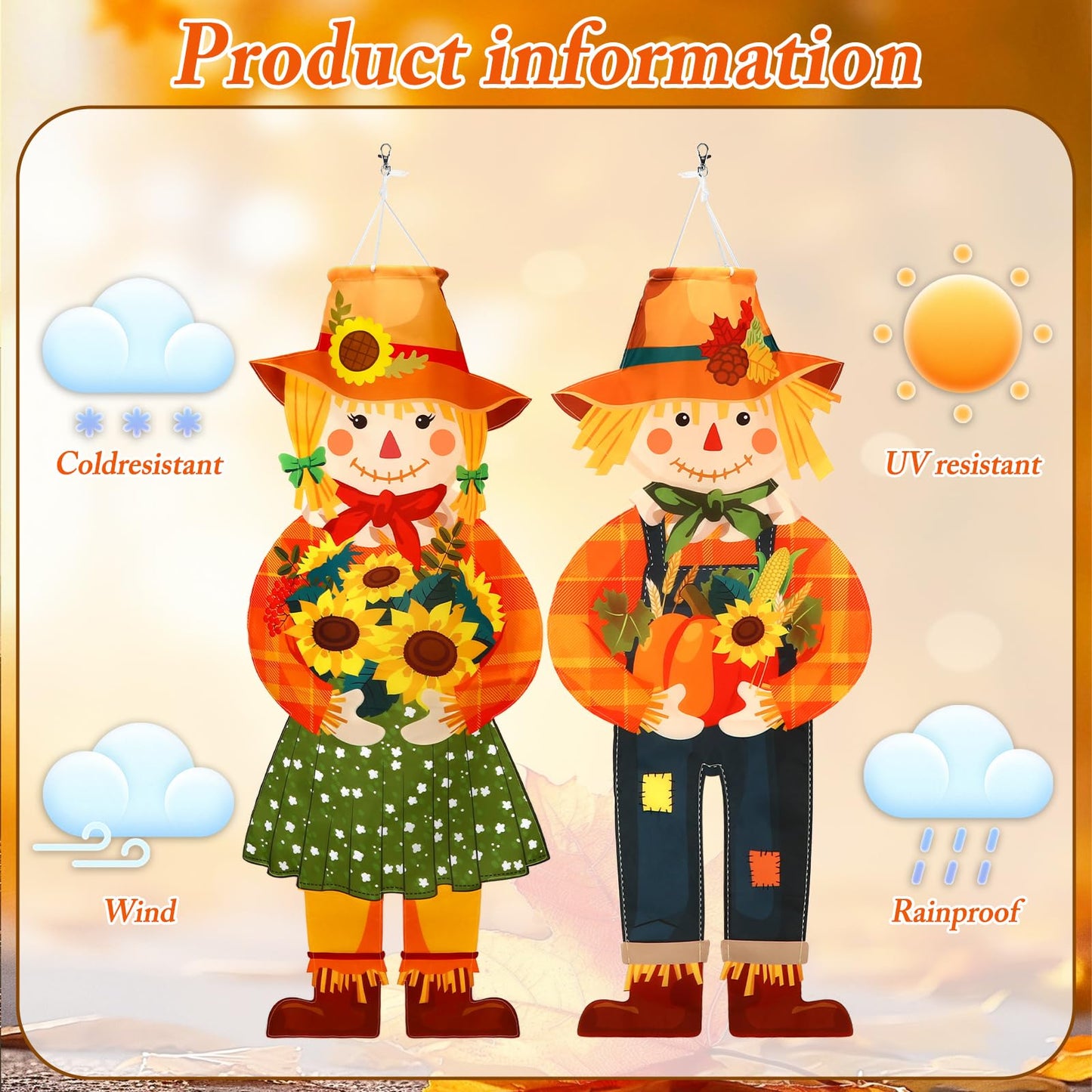 2 Pcs Fall Scarecrow Windsocks, Autumn Outdoor Hanging Flag Fall Scarecrow Hanging Sign Thanksgiving Outside Flag for Yard Lawn Patio Garden Party Decorations
