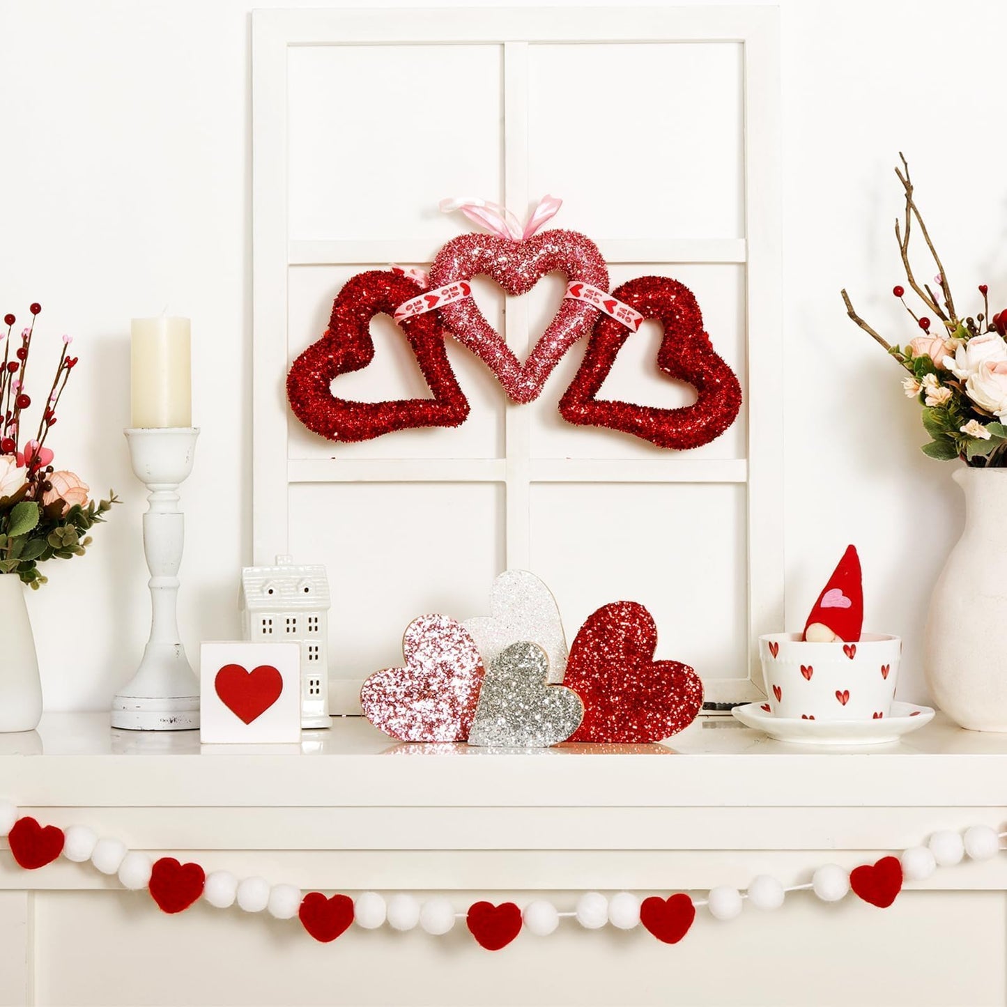 Valentines Day Decor Decorations: 4pcs Glitter Wood Heart Table Signs Tiered Tray Decor, Sparkle Galentines Decoration for Home Office Mantel Centerpieces Gifts