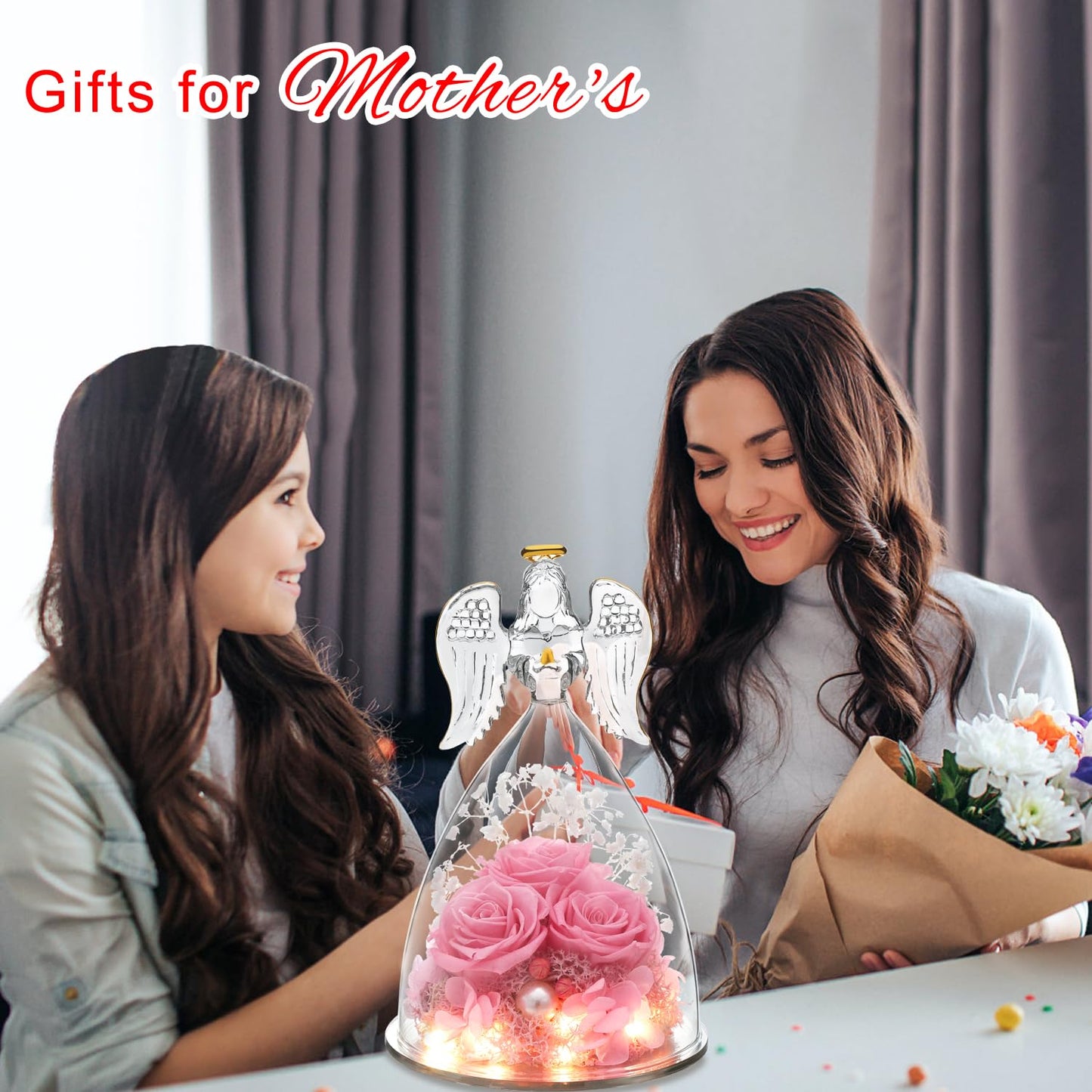 Gifts for Mom Birthday Gifts for Women,Preserved Flowers Rose in Glass Angel Figurines Flowers for Delivery,Preserved Three Red Rose with Lights,Birthday for Mom Women Grandma Wife