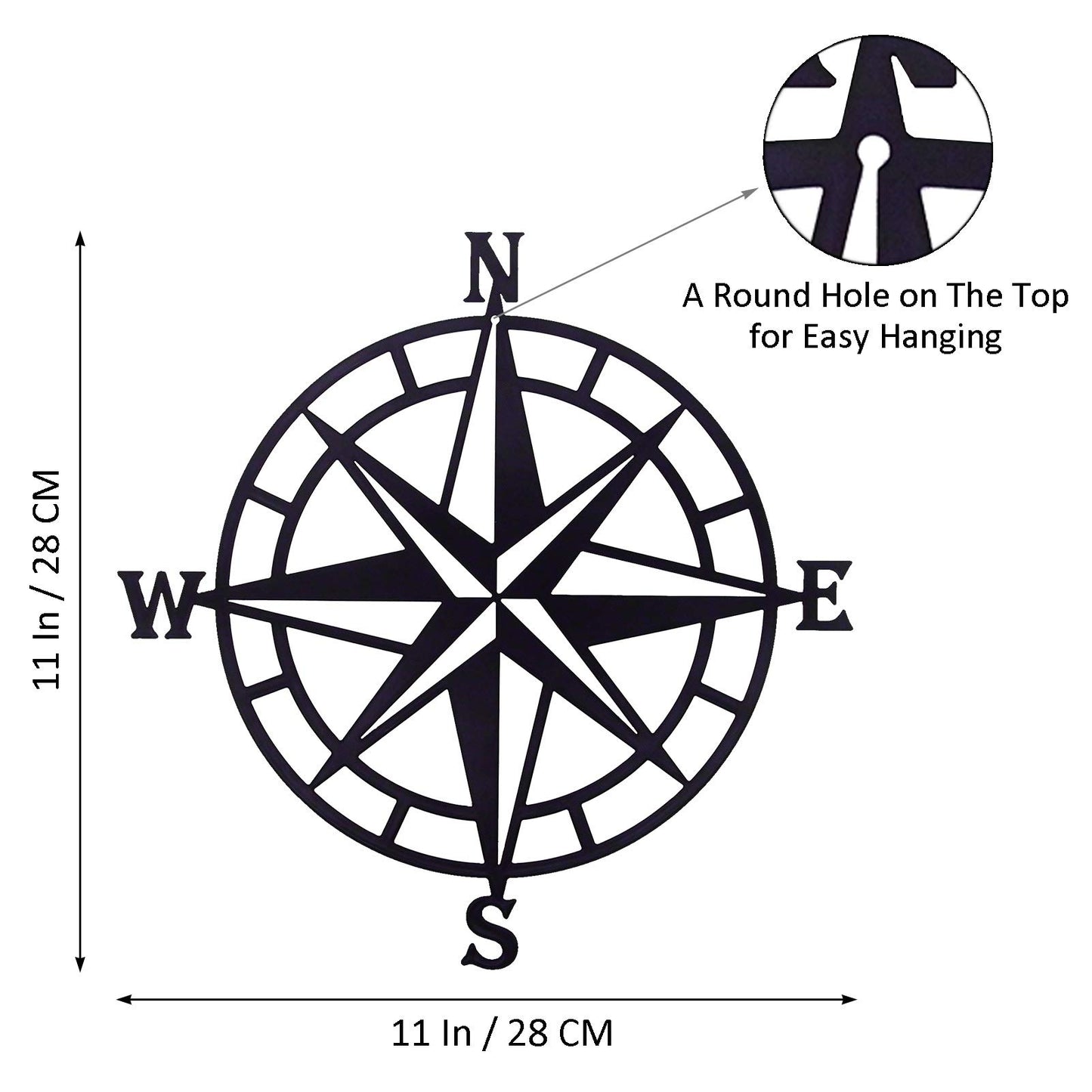 ESTART 11 Inches Metal Decorative Nautical Compass Wall Decor, Living Room Bedroom Office Porch Garden Patio Signs Wall Hanging Art Beach Theme Home Decoration (Black)