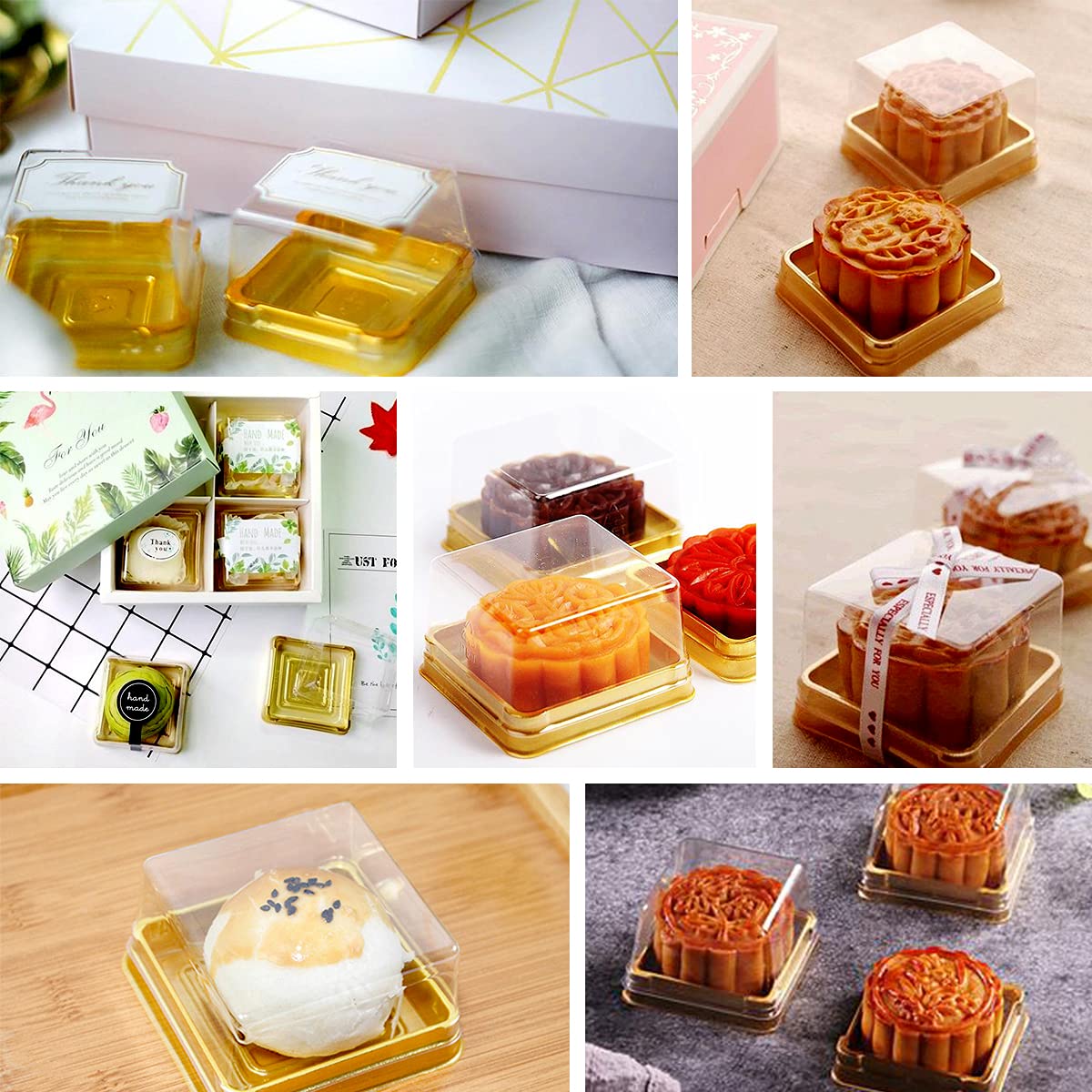 Pralb 100 Set 2.24"L x 2.24"W x 1.57"H Clear Plastic Mini Cupcake Boxes Muffin Pod Dome Muffin Single Container Box Wedding Birthday Gifts Supplies for Cheese Pastry Dessert Mooncake (square, gold)
