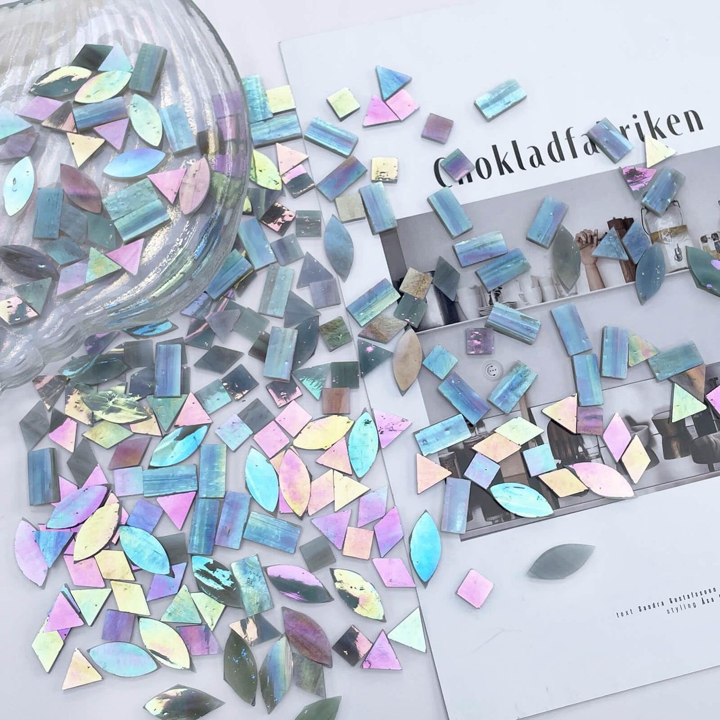 LITMIND Iridescent Ash Gray Stained Glass Mosaic Tiles for Crafts - 240 Pieces, 5 Shapes Mixed (Rectangle, Triangle, Rhombus, Square, Leaf) - Ideal for Mosaic Making Projects and Beginners