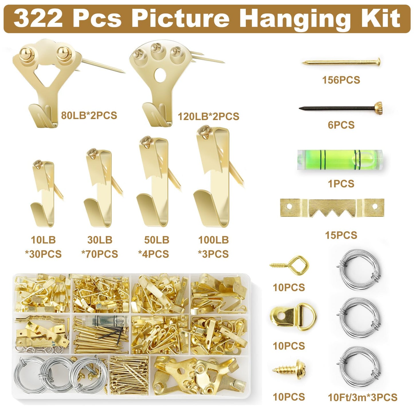 Picture Hanging Kit, 322 Pcs Picture Hangers, with 10-120lb Picture Hanging Hardware, Sawtooth Picture Hanging Assortment Kit, Screw Eyes, D Rings, Nails, Screws, Steel Wire,Picture Frame Hooks