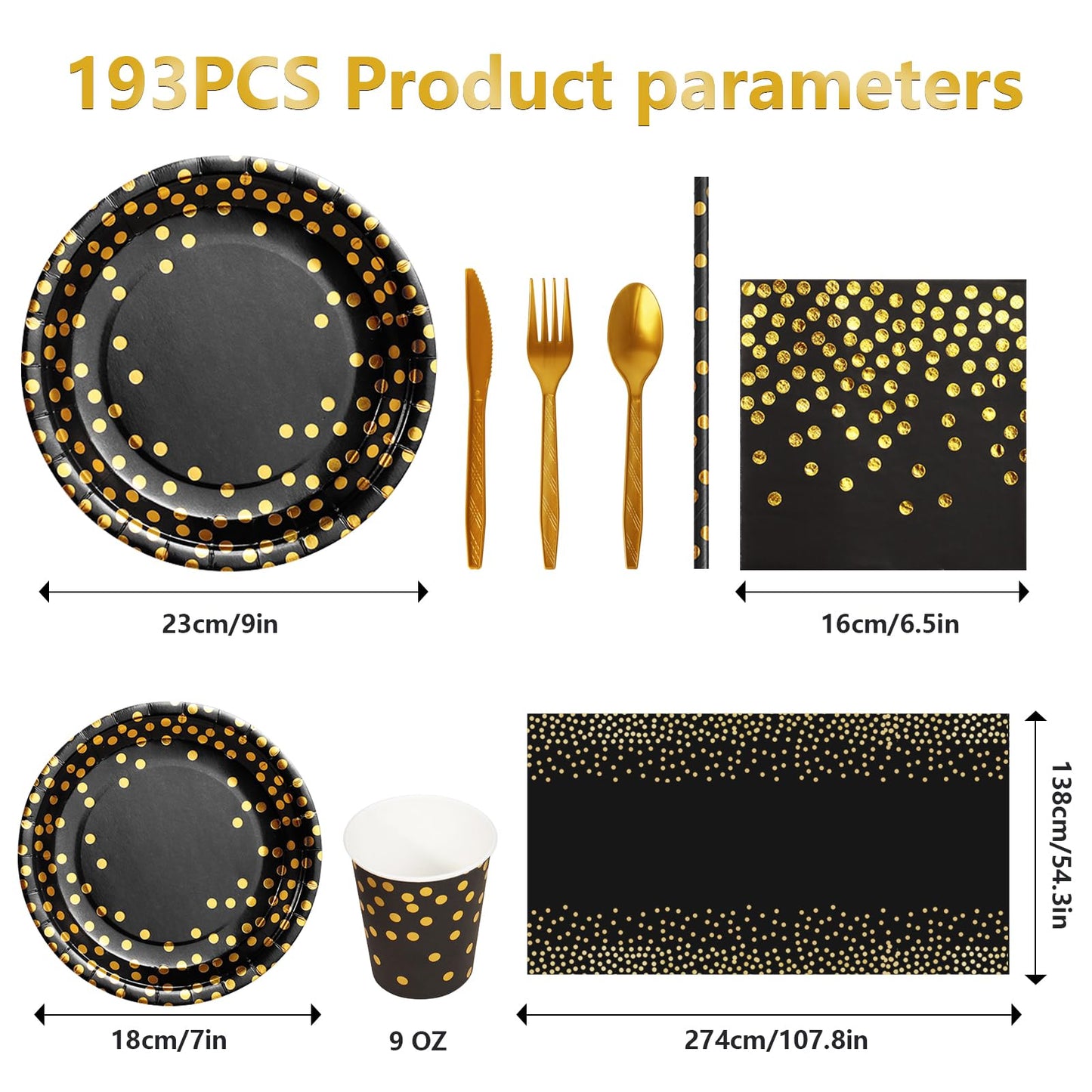 Nkaiso Paper Plates and Napkins Set, 193 Pieces Black Gold Party Supplies Includes Paper Plates Cups Napkins Straws and Cutlery for Birthday Wedding Holidays Parties Decorations-24 Guests