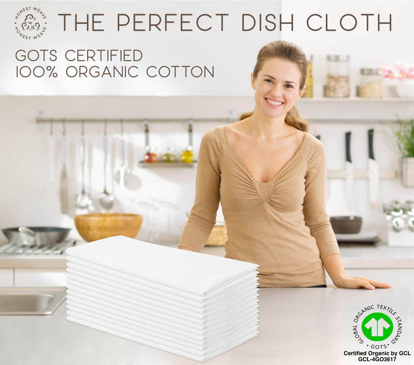Organic Flour Sack Cotton Kitchen Hand and Dish Towel Sets - Extra Large 27x27 inches, Fully Hemmed, 12-Pack, Natural Tan