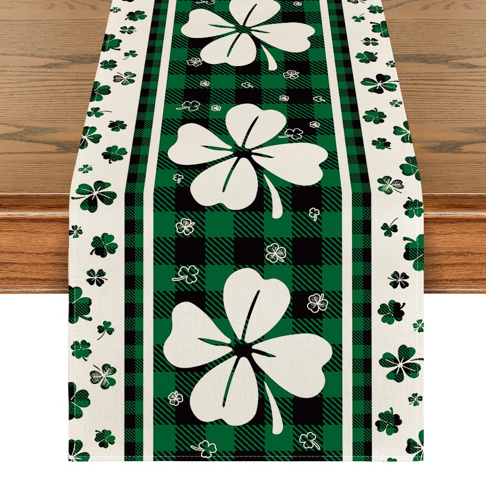 Green Clover Buffalo Plaid Shamrocks St.Patrick's Day Table Runner, Seasonal Kitchen Dining Table Decoration for Indoor Home Party 13x72 Inch