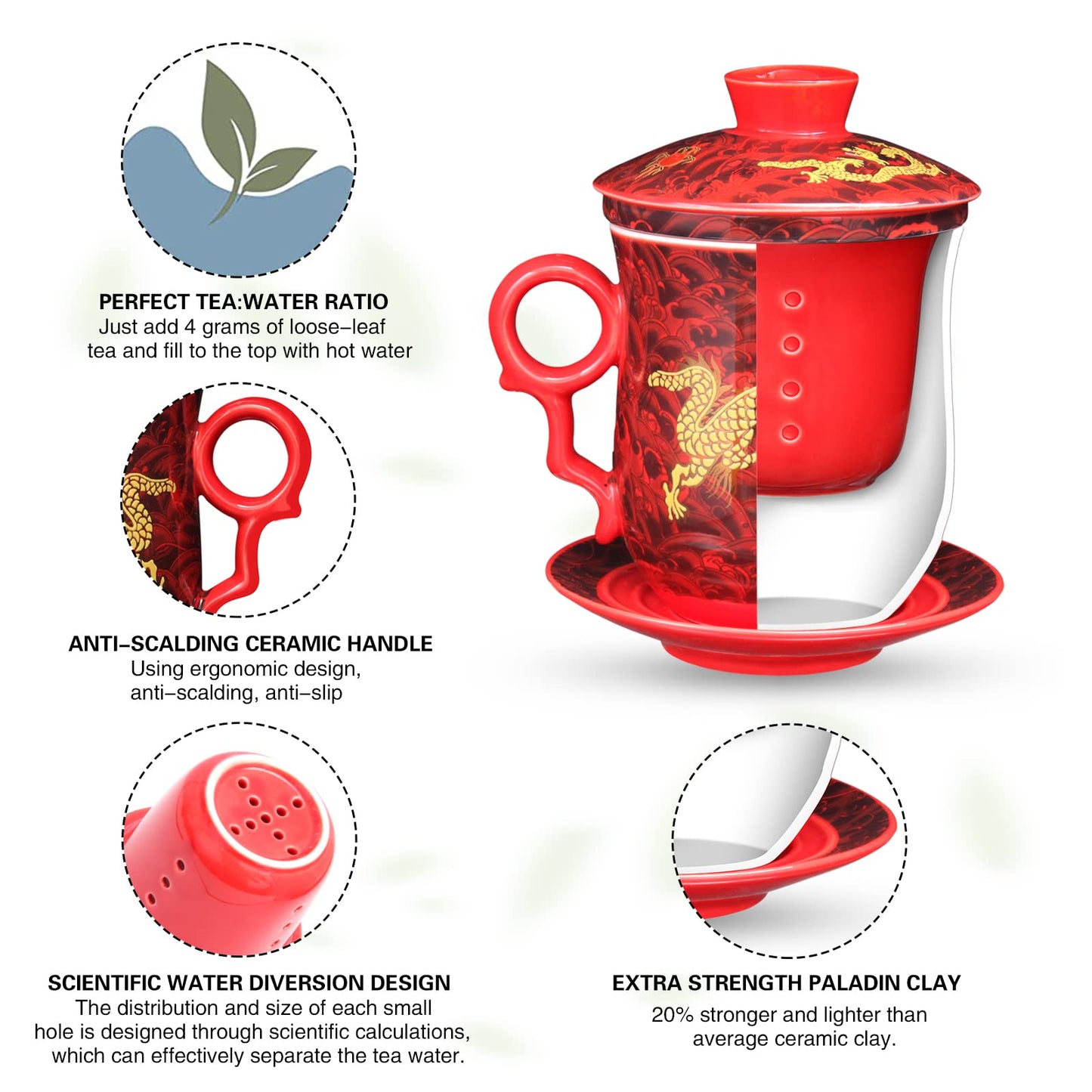 Chinese Dragon Pattern Tea-Mug with Strainer Infuser and Lid and Saucer Ceramic Tea Mug Convenient System Chinese Porcelain Personal Tea Cup 13.5 oz(380ml) - RED, TC400