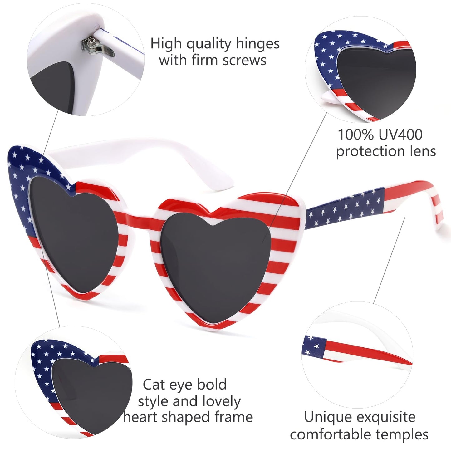 American Flag Heart Sunglasses for Women Men Trendy Cat Eye Love Shaped Sunglasses Vintage Lovely Retro Fourth of July USA Patriot Cute Sun Glasses