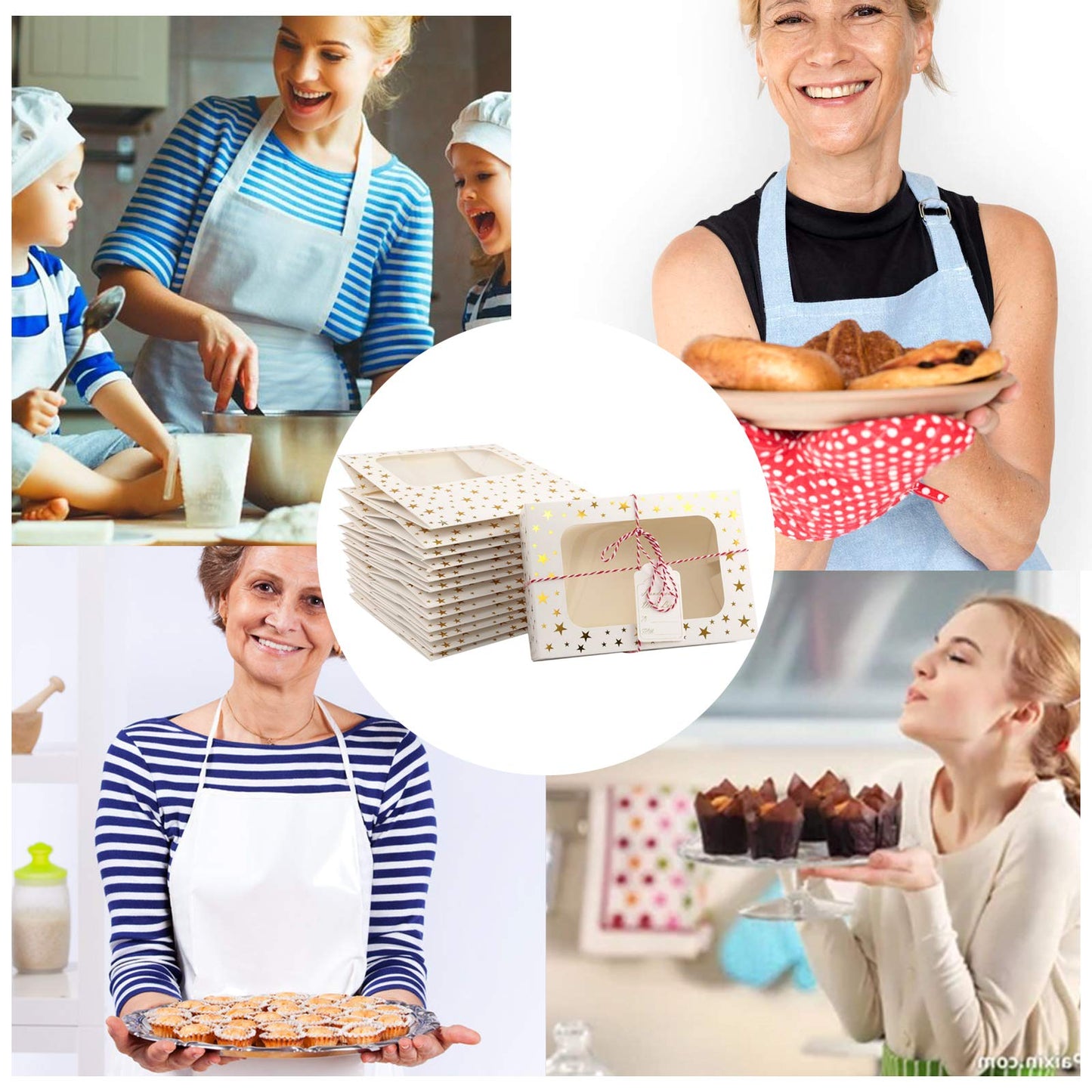 24 PCS Christmas Cookie Boxes for Gift Giving, 9x6x3 Golden Star Christmas Treat Boxes with Window, Auto-Up Holiday Cookie Boxes,Baking Goods Packaging Box for Desserts, Mini Cake, Donuts