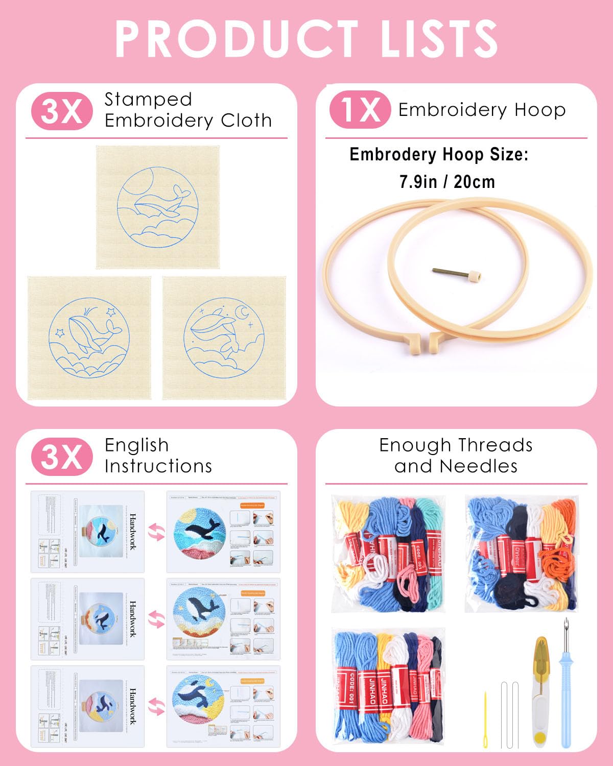 Punch Needle Kits, 3 Pack Punch Needle Embroidery Kits for Adults Beginner, Tool with Punch Needle Fabric, Hoops, Yarns and Sewing Needles (Whale)