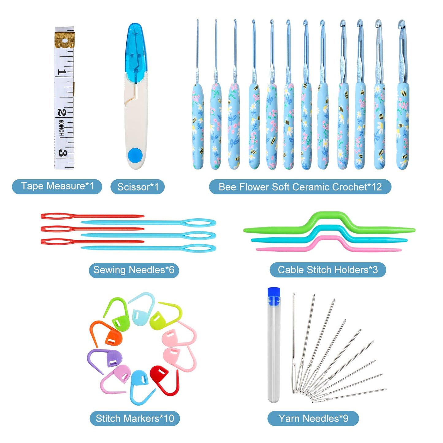 Looen Crochet Hooks Set, 12 Sizes 2.0mm(B)-8.0mm(N) Ergonomic Handle for Arthritic Hands, Soft Rubber Grip Knitting Needles Kit for Crochet Beginners, Knitting Enthusiasts (Sky Blue)