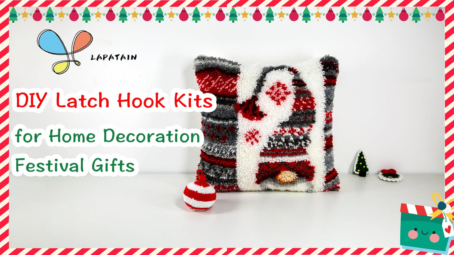 Latch Hook Kits for DIY Throw Pillow Cover,Needlework Cushion Cover Hand Craft Crochet for Great Family 17X17inch Christmas Hat