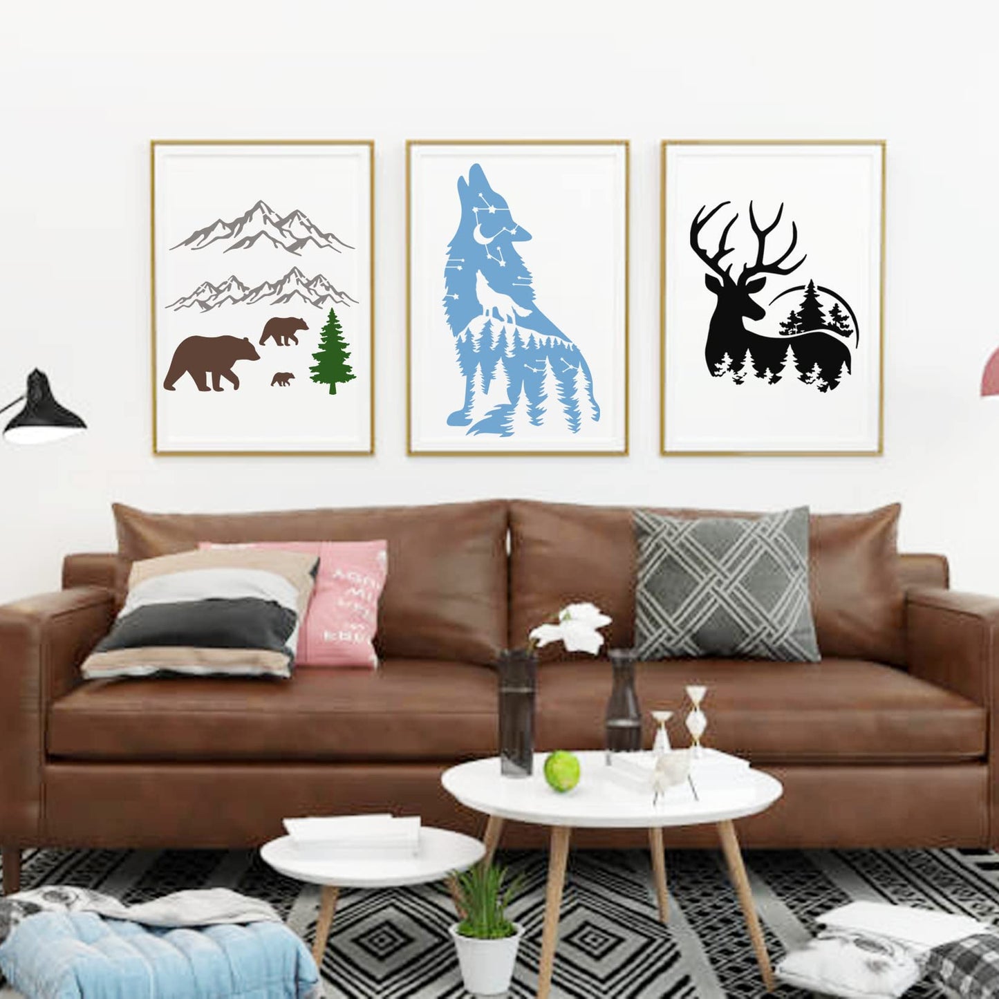 10 PCS Bear Deer Wolf Mountain Stencil Pine Tree Wildlife Forest Animal Stencils Template Wood Burning Stencils Reusable Patterns Moon Claw Stencils for Painting on Wood Crafts Wall (forest animal 1)