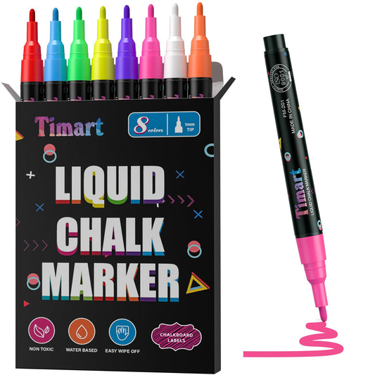 Timart Extra Fine Tip Chalk Markers (8 Pack 1mm Point), Liquid Chalk Pens - Dry Erase Marker Pens for Blackboard, Chalkboards, Windows, Glass, Bistro, Cars, Signs, Chalkboard Labels Included