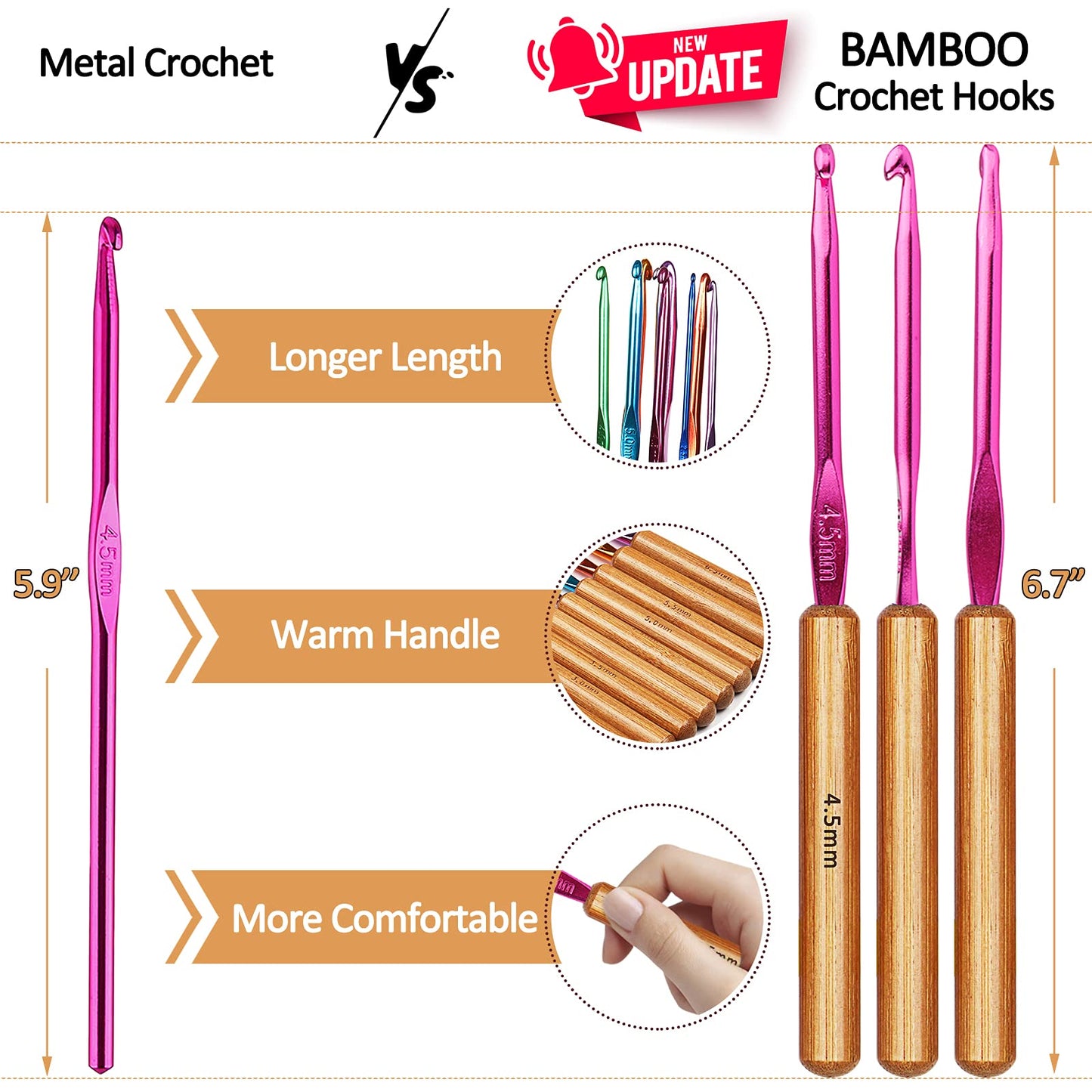 Bamboo Crochet Hooks Comfort Grip, 6.7" Crochet Kit Longer Aluminum Shaft Crochet Needles for Crocheting, Ergonomic Knitting Hooks Set for Crochet Yarn Craft, Premium Knitting Crochet Supplies