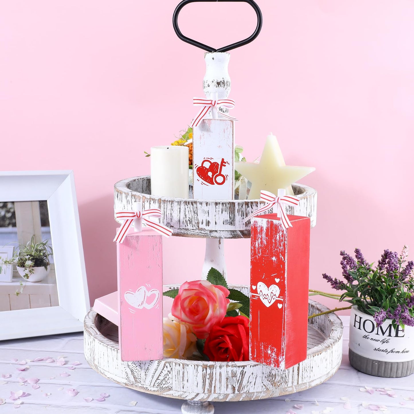 3 PCS Heart Table Block Sign Love Wooden Tiered Tray Decor Tabletop Decor Heart Rustic Farmhouse Centerpieces for Wedding Home Party Decor