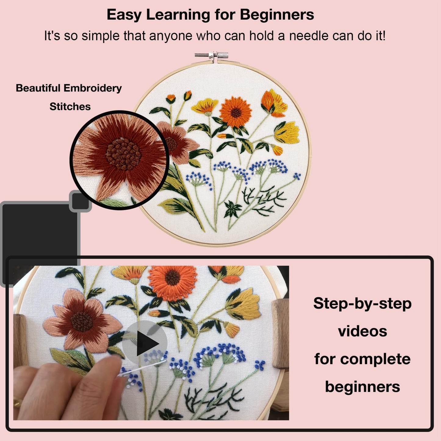 4 Sets Embroidery Kit for Beginners with Stitch Video, Flower Cross Stitch Kits for Adults, Starter, Hand Craft Lover Practice with Floral Stamped Pattern, 2 Hoops, Needles, Scissors, Tools
