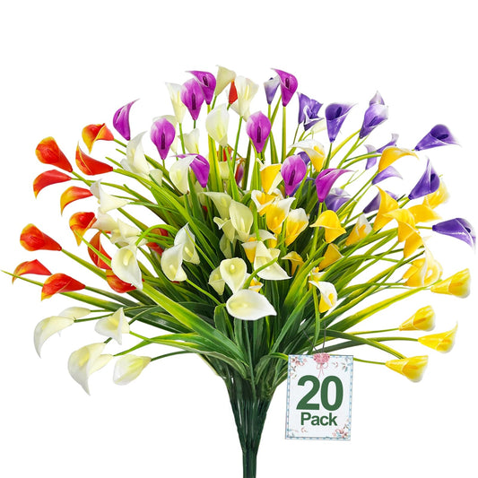 TURNMEON 20 Bundles Calla Lily (400 Heads) Artificial Flowers for Outdoors, Fake Plants UV Resistant Faux Plastic Fake Flowers for Indoor Planter Porch Gardens Home Summer Cemetery Decor(Color Mix)