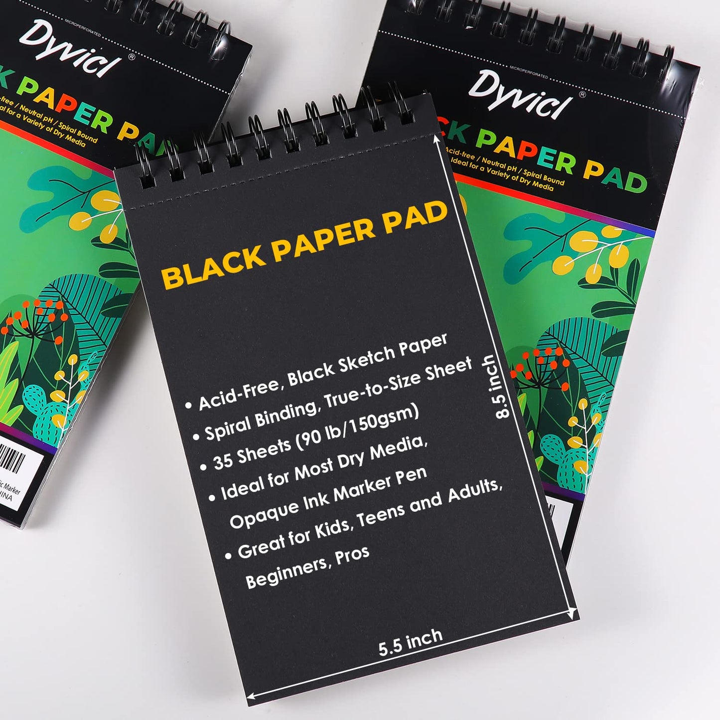 Dyvicl Black Paper Pad 5.5"x8.5" Sketch Book, 35 Sheets (90 lb/150gsm), Spiral Black Sketchbook Drawing Paper for Pencil, Pastel, White Ink Gel Pen, Charcoal, Chalk, Metallic Marker, Paint Pen