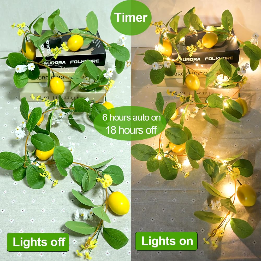 Hamifinee Artificial Lemon Garland with Fairy Lights Spring Summer Greenery Lemon Vine Plant Vivid Fruit Dense White and Yellow Flowers Hanging Wreath for Home Garden Wedding Party Christmas Décor