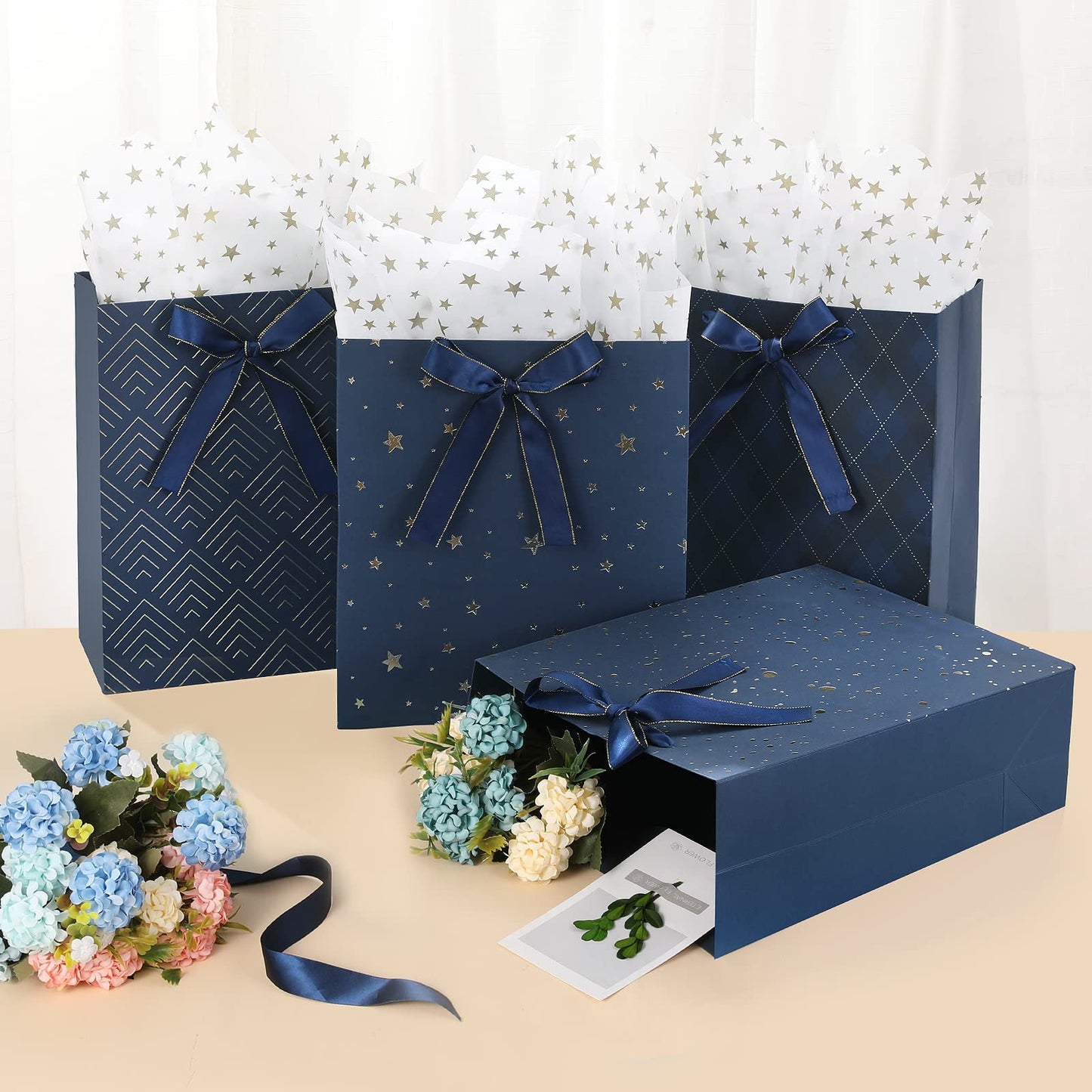 4 Pack 13" Large Size Gift Bags Assorted Premium Blue Gift Bags with Tissue Paper Use for Birthdays, Baby Shower,weddings,Party Favor, Holiday Presents-10" X 5" X 13"