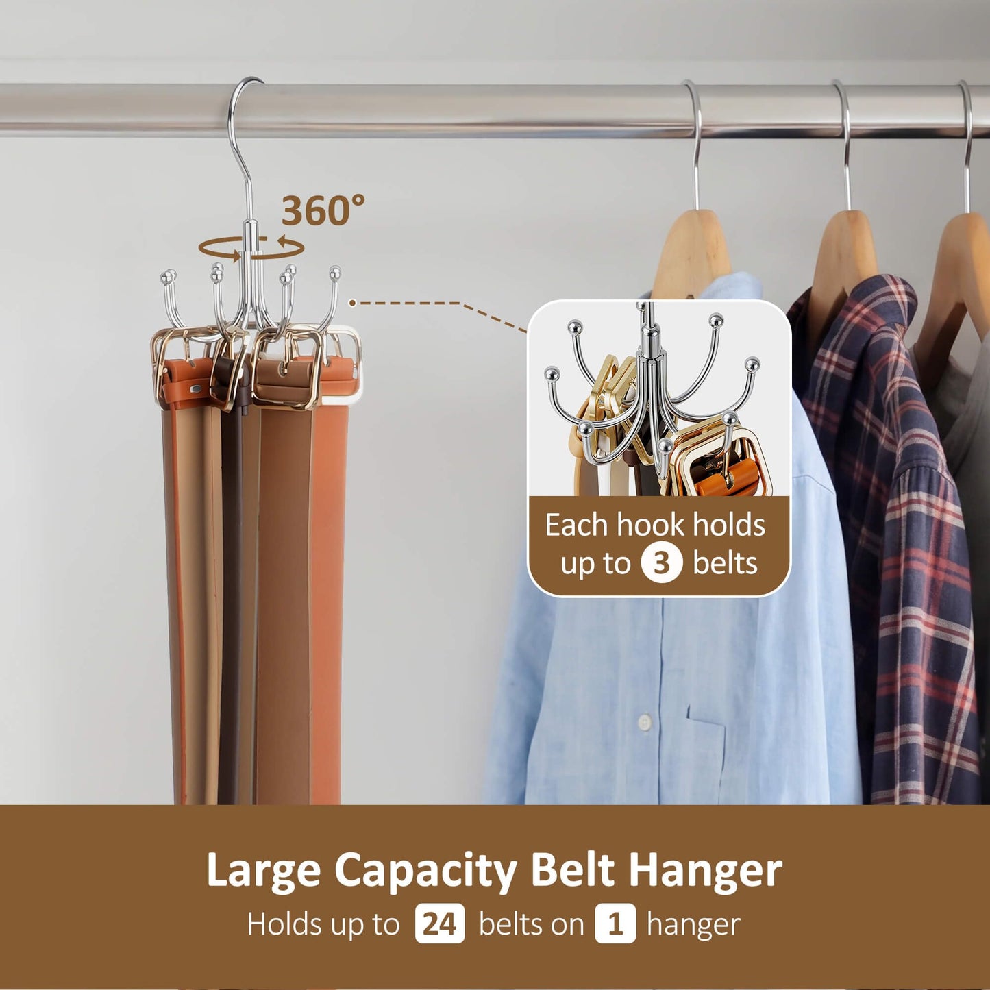 ZEDODIER Belt Organizer for Closet, Heavy-Duty Rotating Belt Hanger Rack Holds up to 24 Belts, Hanging Space Saving Metal Belt Holder for Closet Storage, Silver