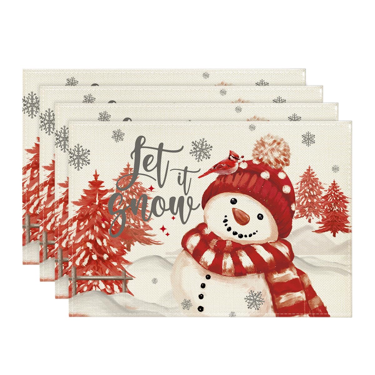 Red Snowman Let It Snow Xmas Tree Merry Christmas Placemats for Dining Table, 12 x 18 Inch Seasonal Winter Washable Table Mats Set of 4