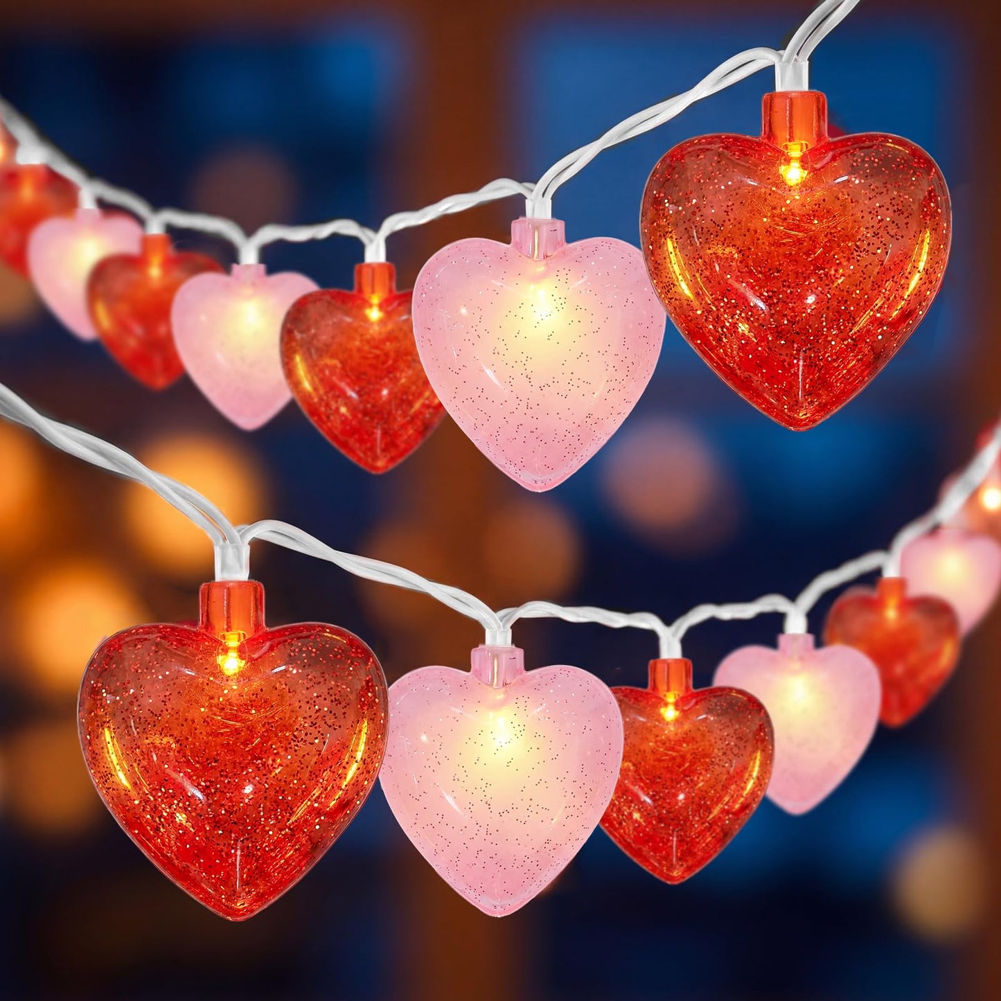 8.5 Ft Heart String Lights, Valentines Day Decorations Lights with 10 LED Glitter Red Pink Heart Lights, Plug in Fairy String Lights for Wedding Anniversary Party Valentine's Day