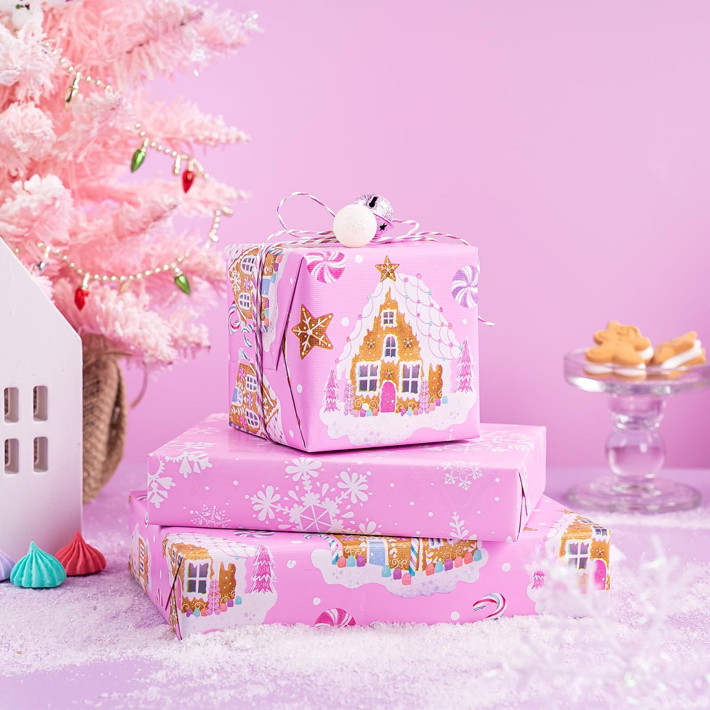 Reversible Gingerbread Christmas Wrapping Paper - Mini Roll - 17 Inch x 33 Feet - Pink Gingerbread House and Snowflake with Embossed for Christmas, Holiday, Party Celebration