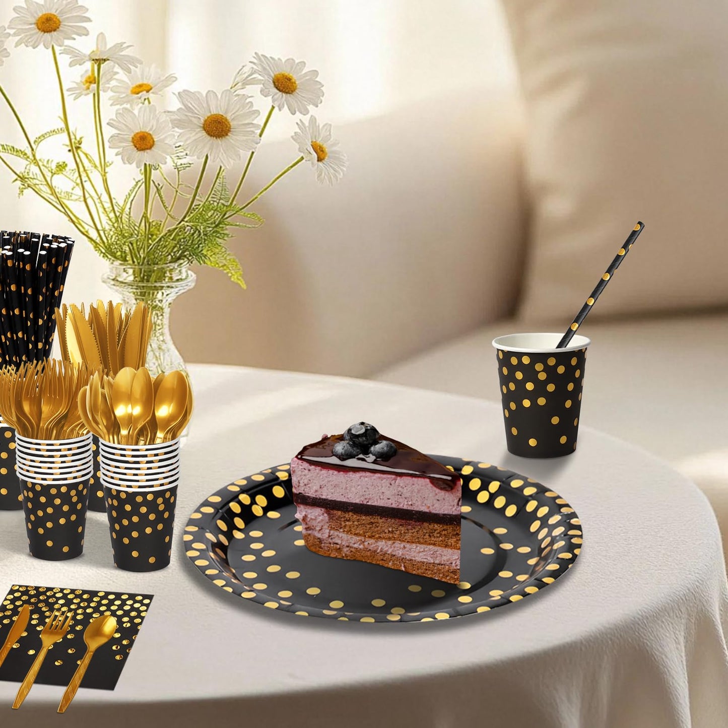 Nkaiso Paper Plates and Napkins Set, 193 Pieces Black Gold Party Supplies Includes Paper Plates Cups Napkins Straws and Cutlery for Birthday Wedding Holidays Parties Decorations-24 Guests