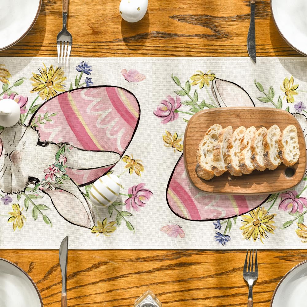Bunny Rabbit Egg Flower Easter Table Runner, Seasonal Spring Kitchen Dining Table Decoration for Home Party Decor 13x72 Inch