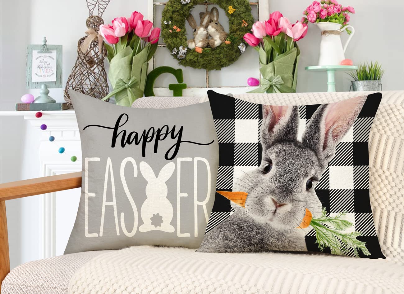 Easter Pillow Covers 18x18 Set of 4 Easter Decorations for Spring Farmhouse Pillows Easter Decorative Throw Pillows Buffalo Plaid Bunny Eggs Welcome Peeps Throw Cushion Case for Home Decor TH163