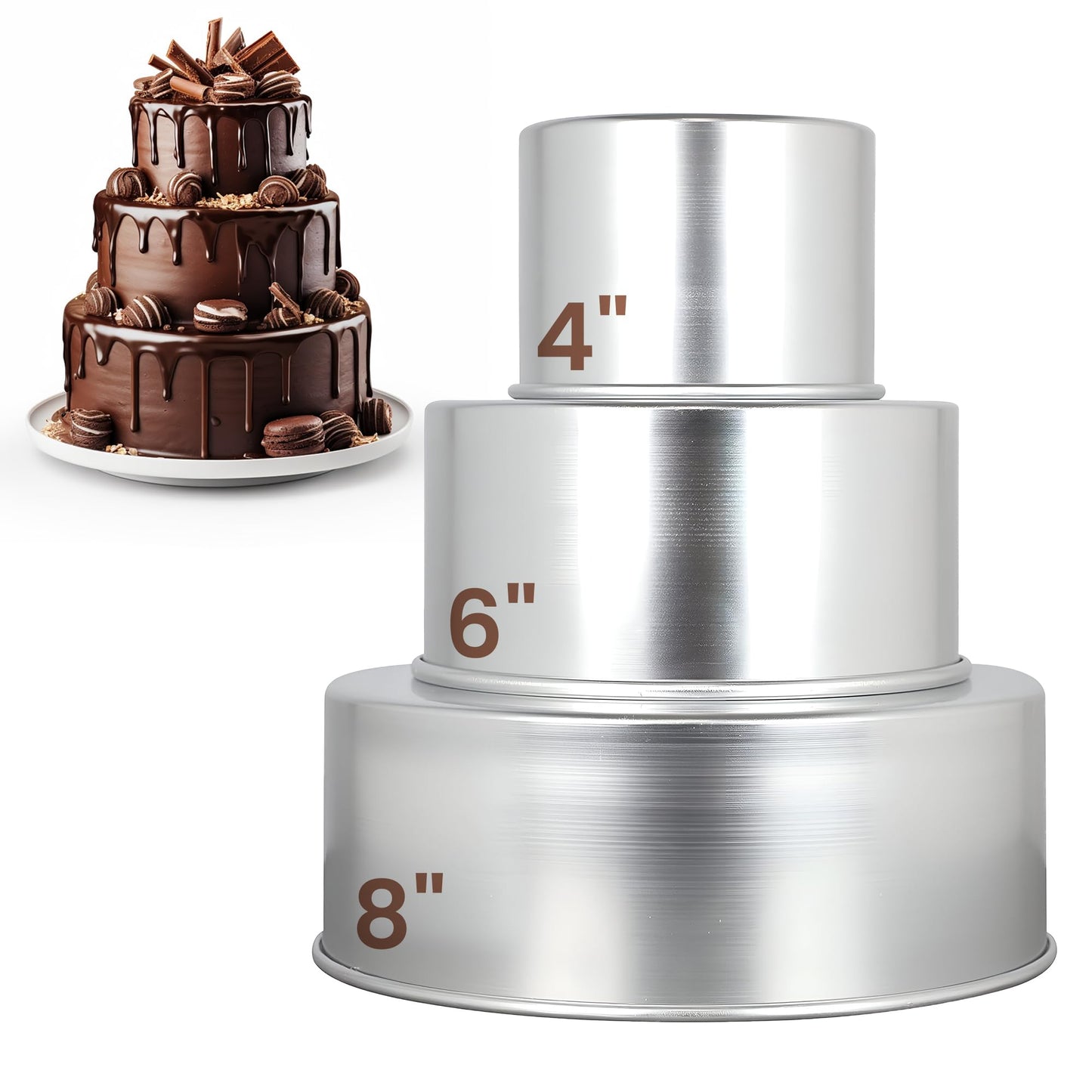 Aunt Shannon's Kitchen Tall Round Cake Pans - 4 Inch, 6 Inch, 8 Cake Pan Set for 3 Tiered Aluminum Pans Sets for Baking Wedding,Birthday Cakes,Leak Proof & Straight Side, Non-toxic & Dishwasher Safe