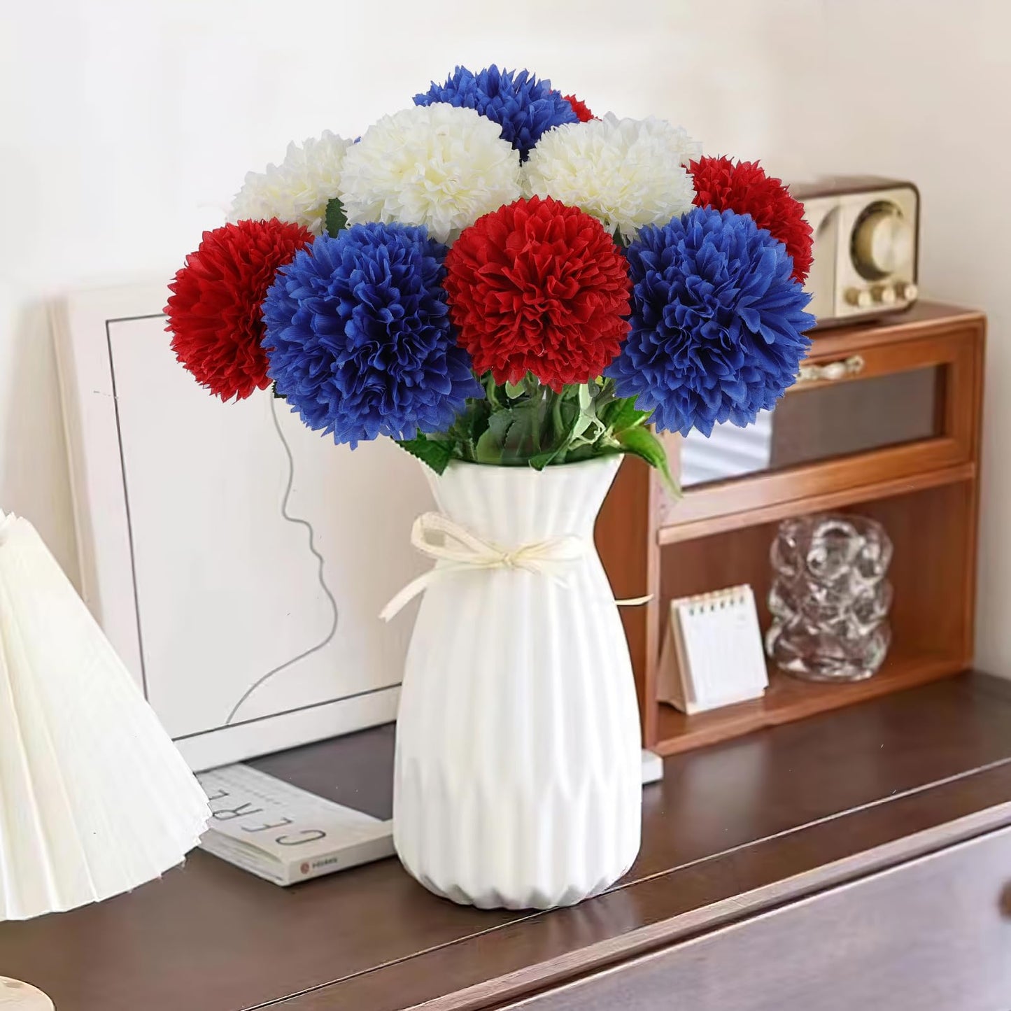 Hananona 12 Pcs Artificial Chrysanthemums Flowers Patriotic Flower, 4th of July Fake Mums Flowers Silk for Home Decor Indoor Memorial Day Table Centerpiece Vase not Included (12, Red, White, Blue)