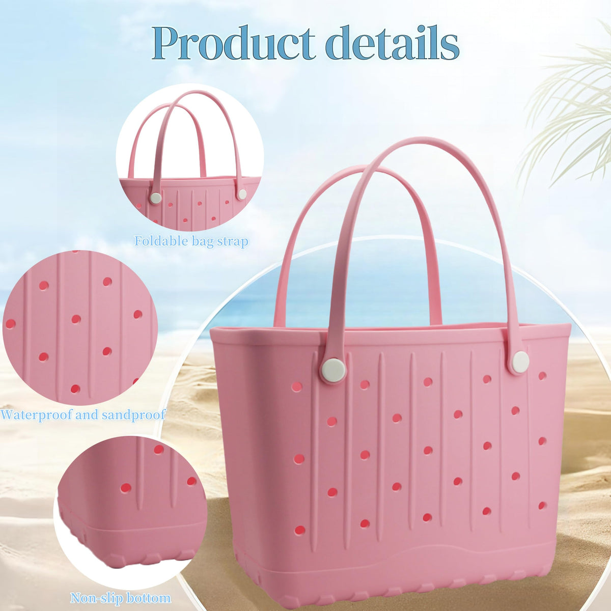 CXY Medium Rubber Beach Bag for Women EVA Washable Tote Bags for Beach Waterproof Sand-proof Handbags Pool Boat Work Sports (Pink, Small)