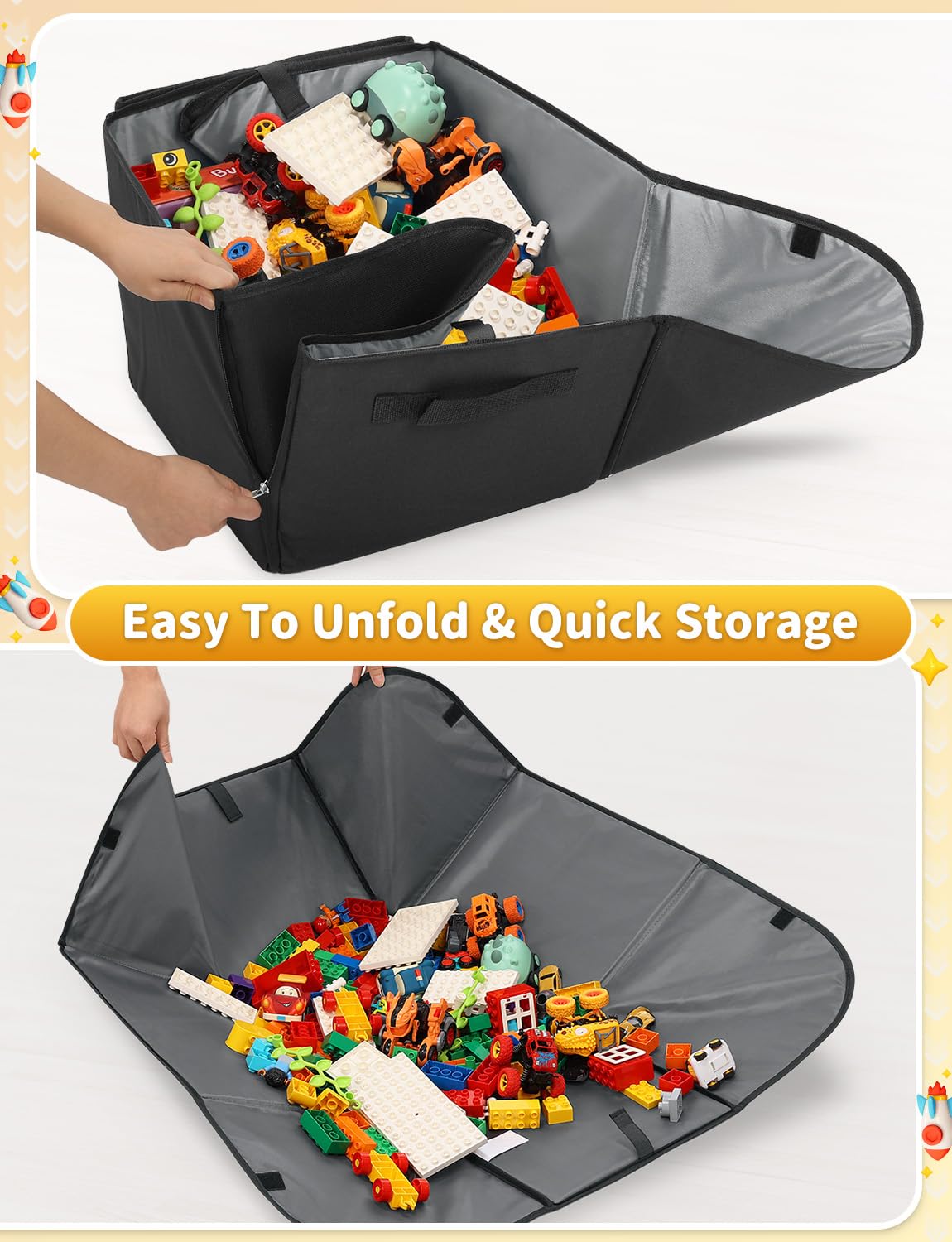 Toy Storage Organizer & Play Mat 43.3", Large 15×13×13" Collapsible Storage Cube Bin with Handles for Building Bricks, Boys, Girls, Playroom, Nursery (M, Black)