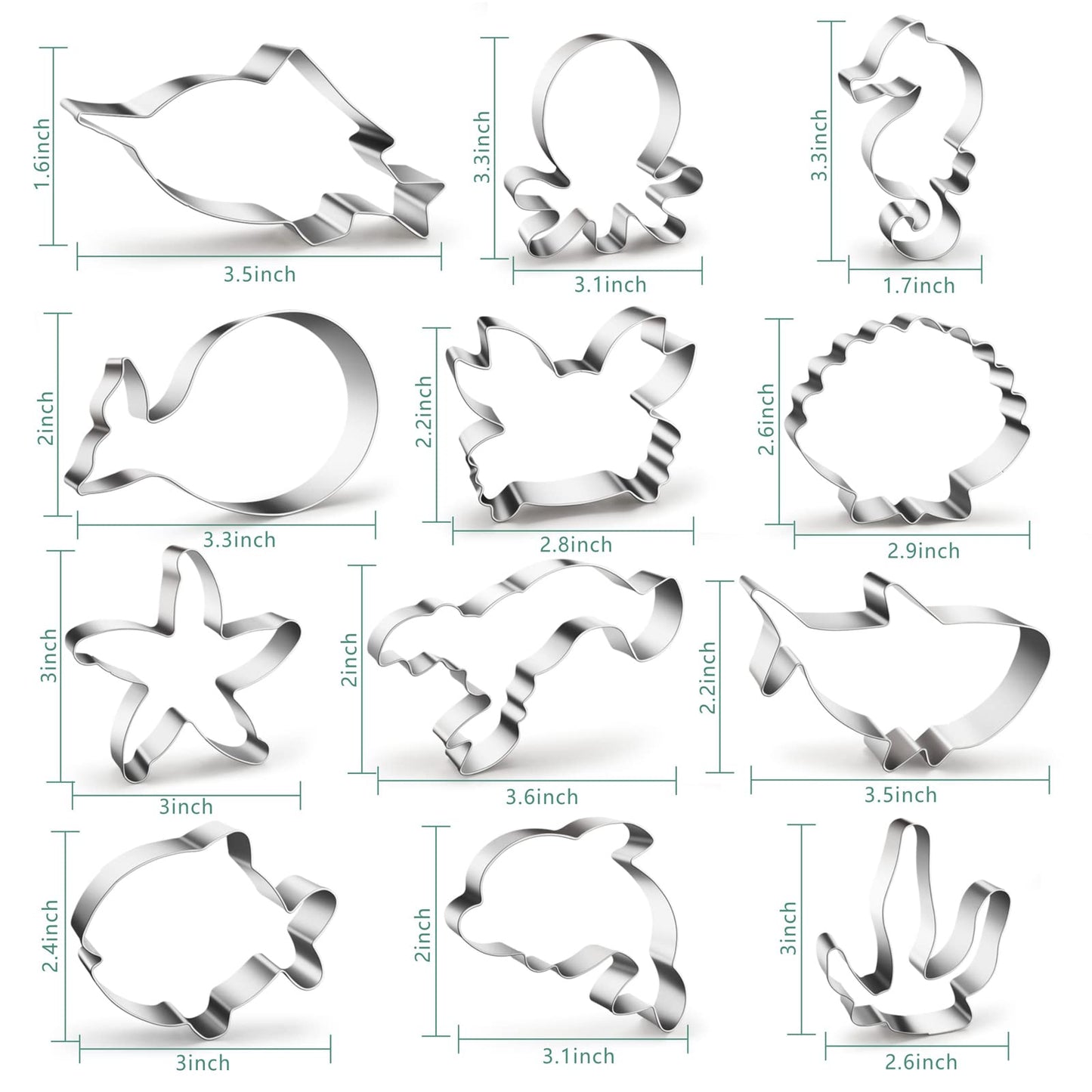 12PCS Ocean Creatures Cookie Cutters Set, ISZW Stainless Steel Marine Species Shapes Baking Mold for Kids Baking, Metal Cookie Sandwich Biscuit Cutter Molds for Kids Birthday Party DIY Cake Decoration