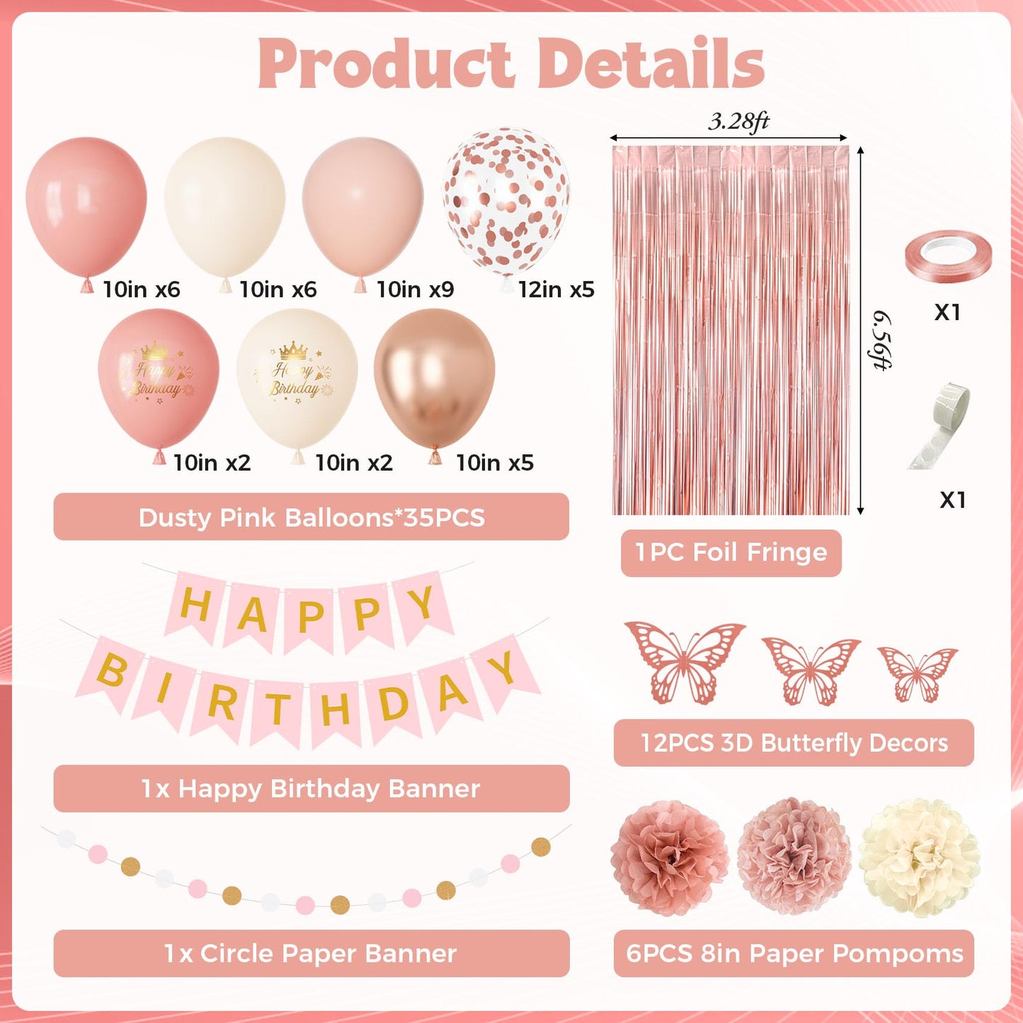 Pink Decorations for Women Girls, Dusty Pink Sand Rose Gold Metallic Printed Balloons Butterfly Stickers Fringe Curtain Happy Birthday Banner Circle Dots Garland Paper Pompoms Valentines Supplies
