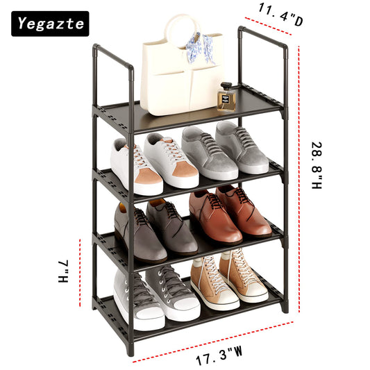Upgrade Stackable Small Shoe Rack, 4-Tier Shoe Shelf Storage Organizer with Handle for Entryway, Hallway and Closet (Black)