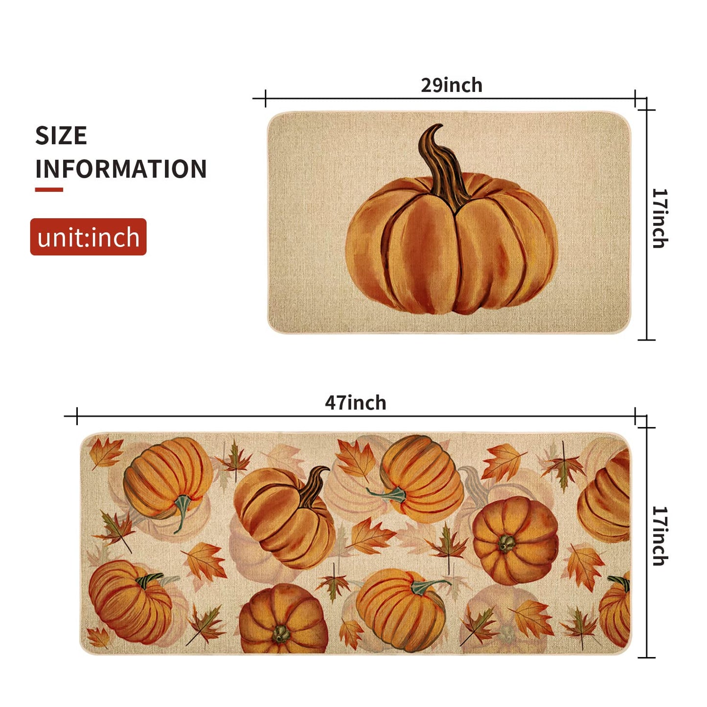 Fall Pumpkin Kitchen Mats Set of 2, Non-Slip Absorbent Rug and Door Mats, Seasonal Thanksgiving Autumn Home Decor Kitchen Floor Mat 17x29 and 17x47 Inch DM087