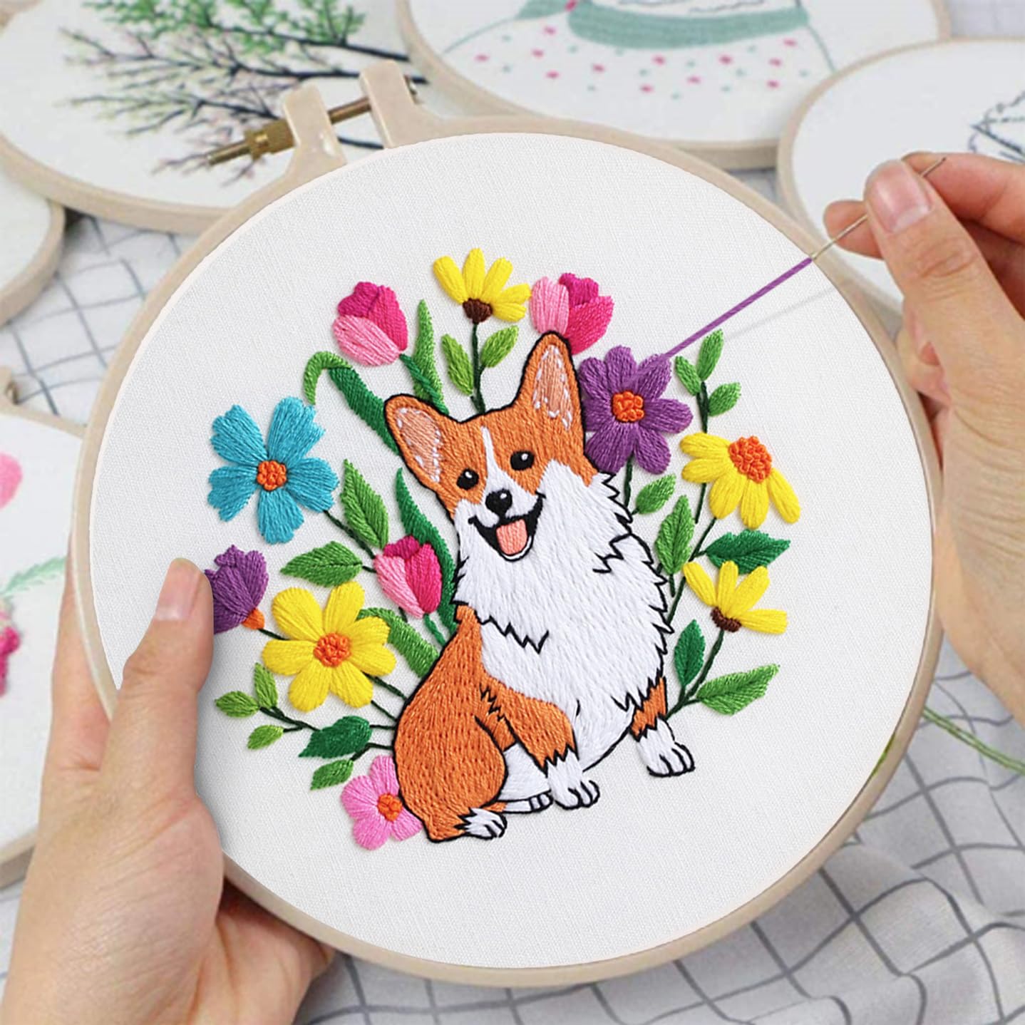 Louise Maelys Cute Dog Embroidery Kits for Beginners with Animal Flowers Pattern,Adults Starter Cross Stitch Kit DIY Needlepoint