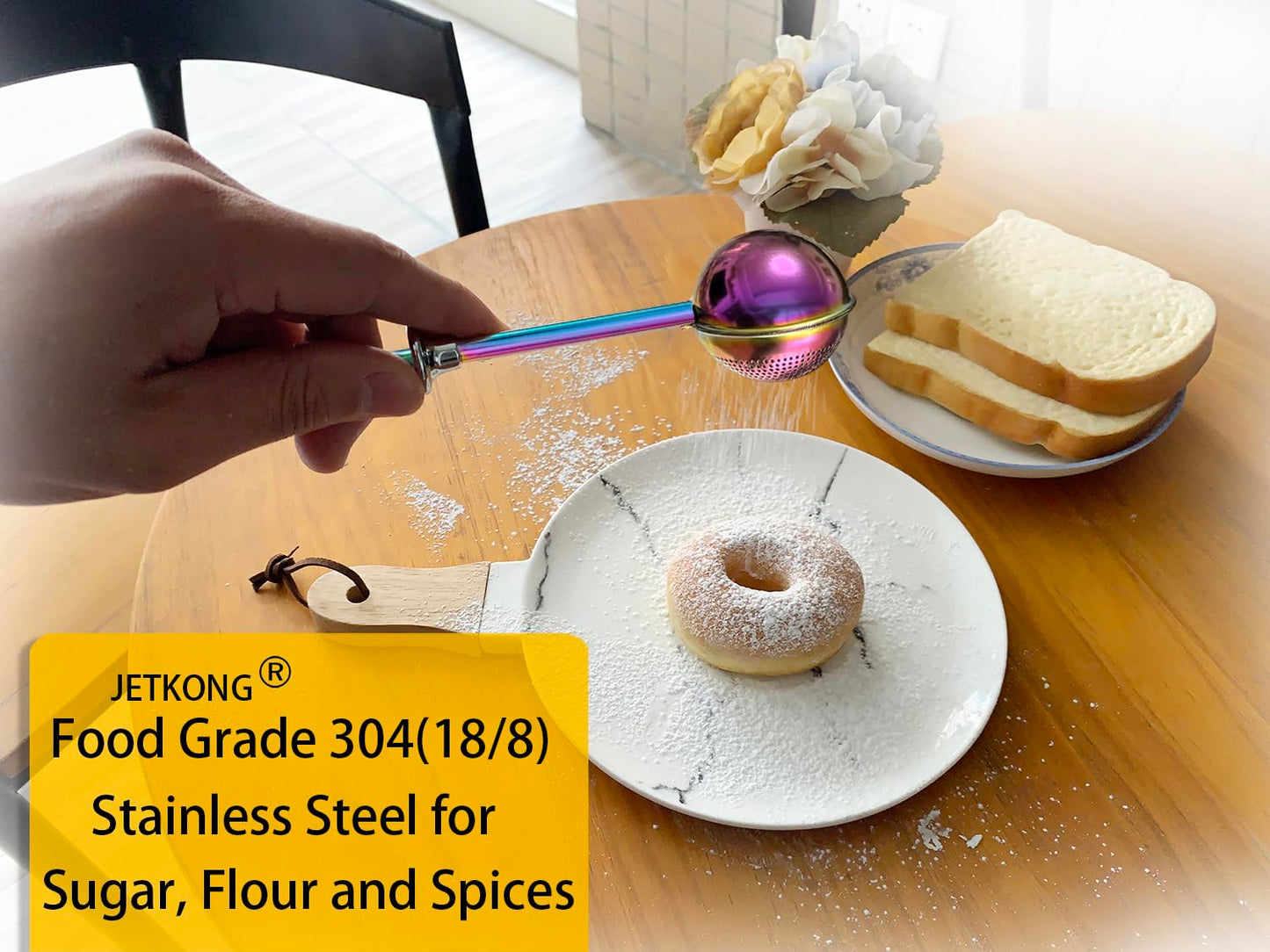 JETKONG Baker's Dusting Wand for Sugar, Flour and Spices, Stainless Steel Powdered Sugar Shaker Duster Sifter, Set of 2 (Rainbow)