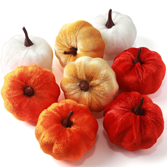 DomeStar Artificial Pumpkins Set, 8PCS Velvet Pumpkins Fake Decorative Pumpkins Foam Pumpkins for Decoration Fall Theme Party Wedding Halloween Thanksgiving Table 4 Colors
